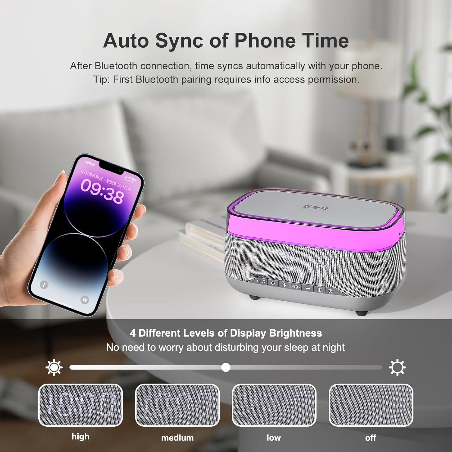 Smart Alarm Clock with 15W Wireless Charger and Bluetooth Speaker