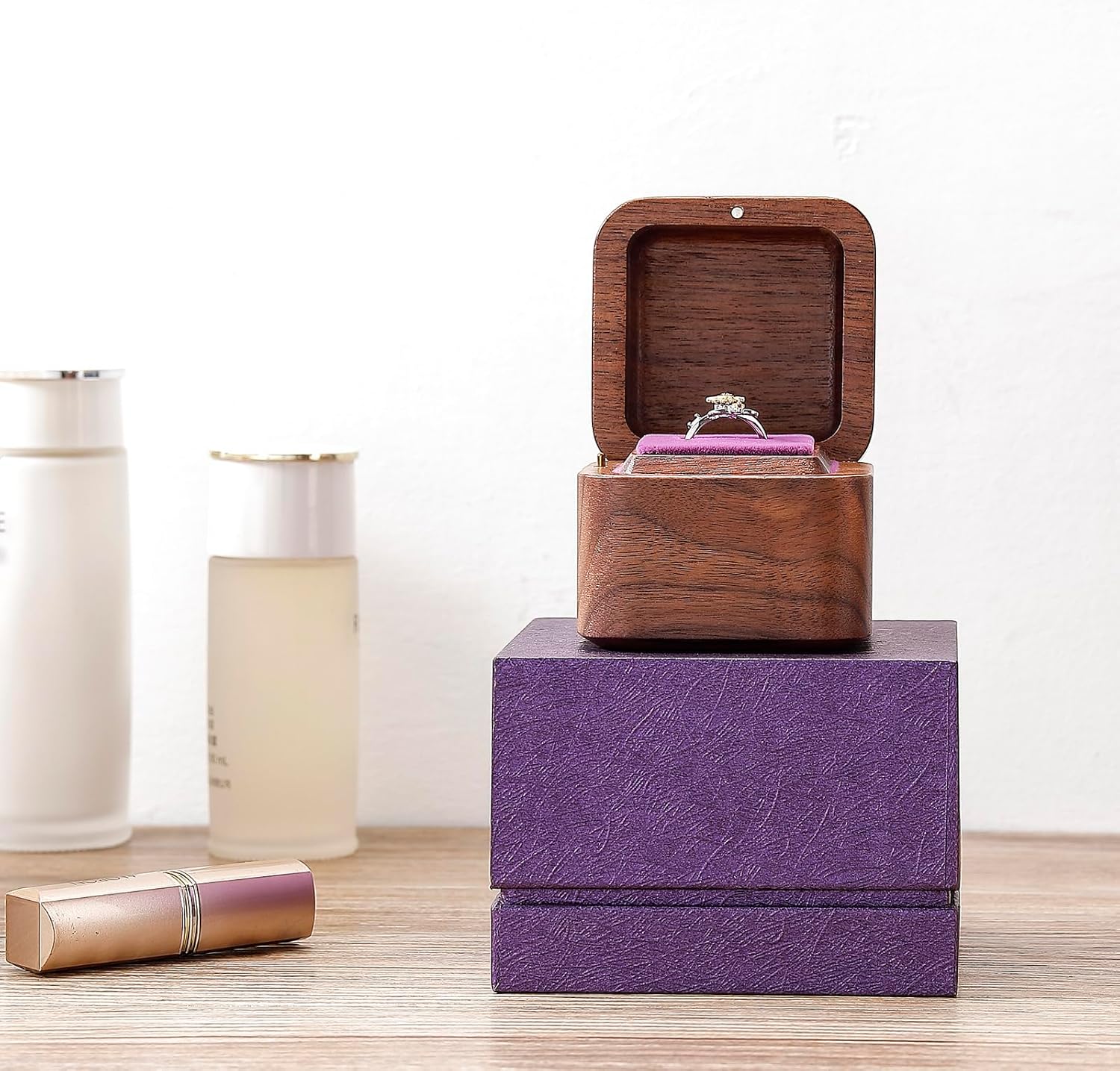 Walnut Wood Music Box Proposal Ring with You Are My Sunshine Tune