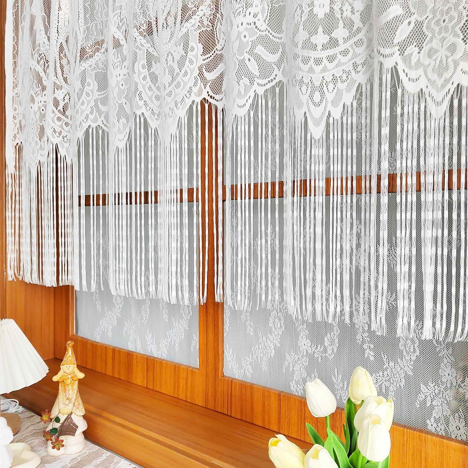 1 Panel French Floral Lace Sheer Curtains with Tassels