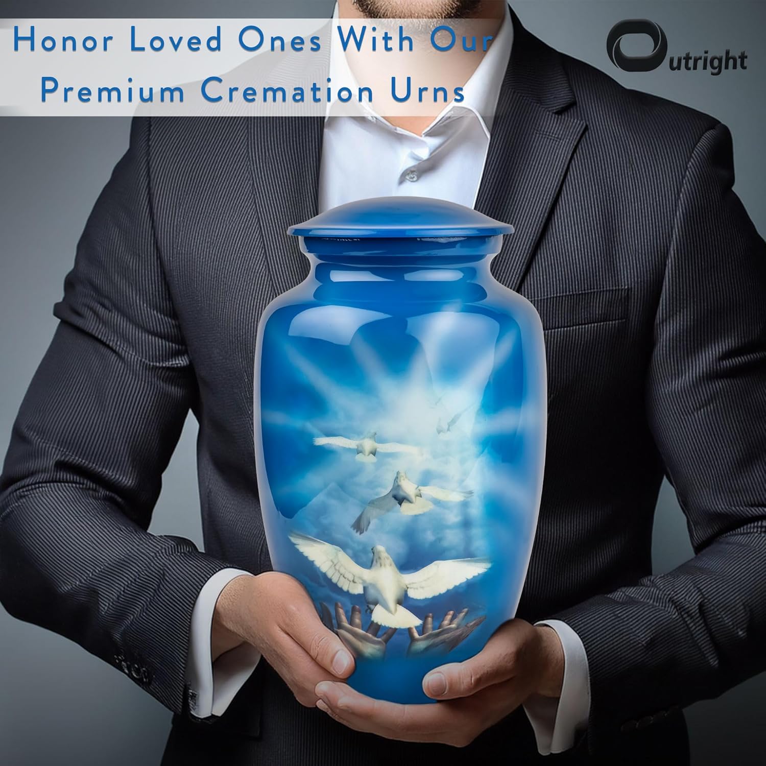 OUTRIGHT Printed Landscape Dove Cremation Urn for Human Ashes Blue