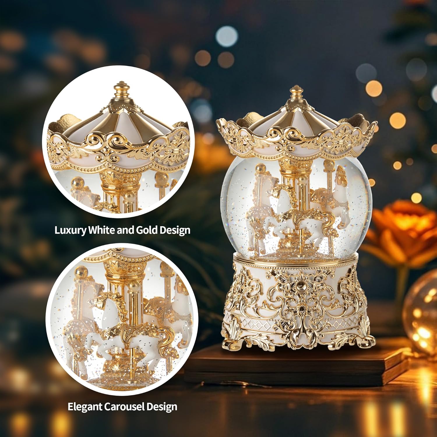 Gold Carousel Music Box Princess Unicorn Snow Globe Gift