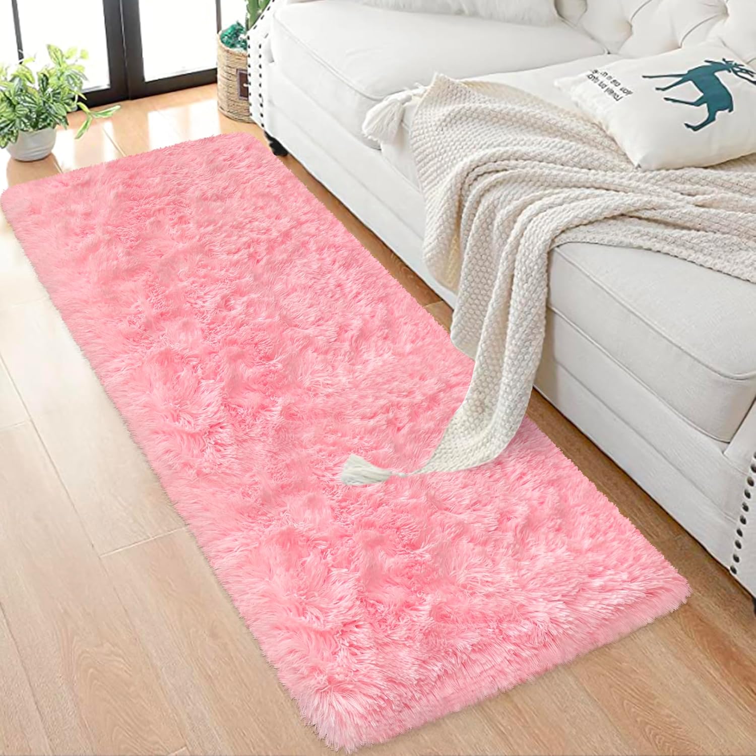 Pink Fluffy Shaggy Runner Rug for Bedroom and Hallway