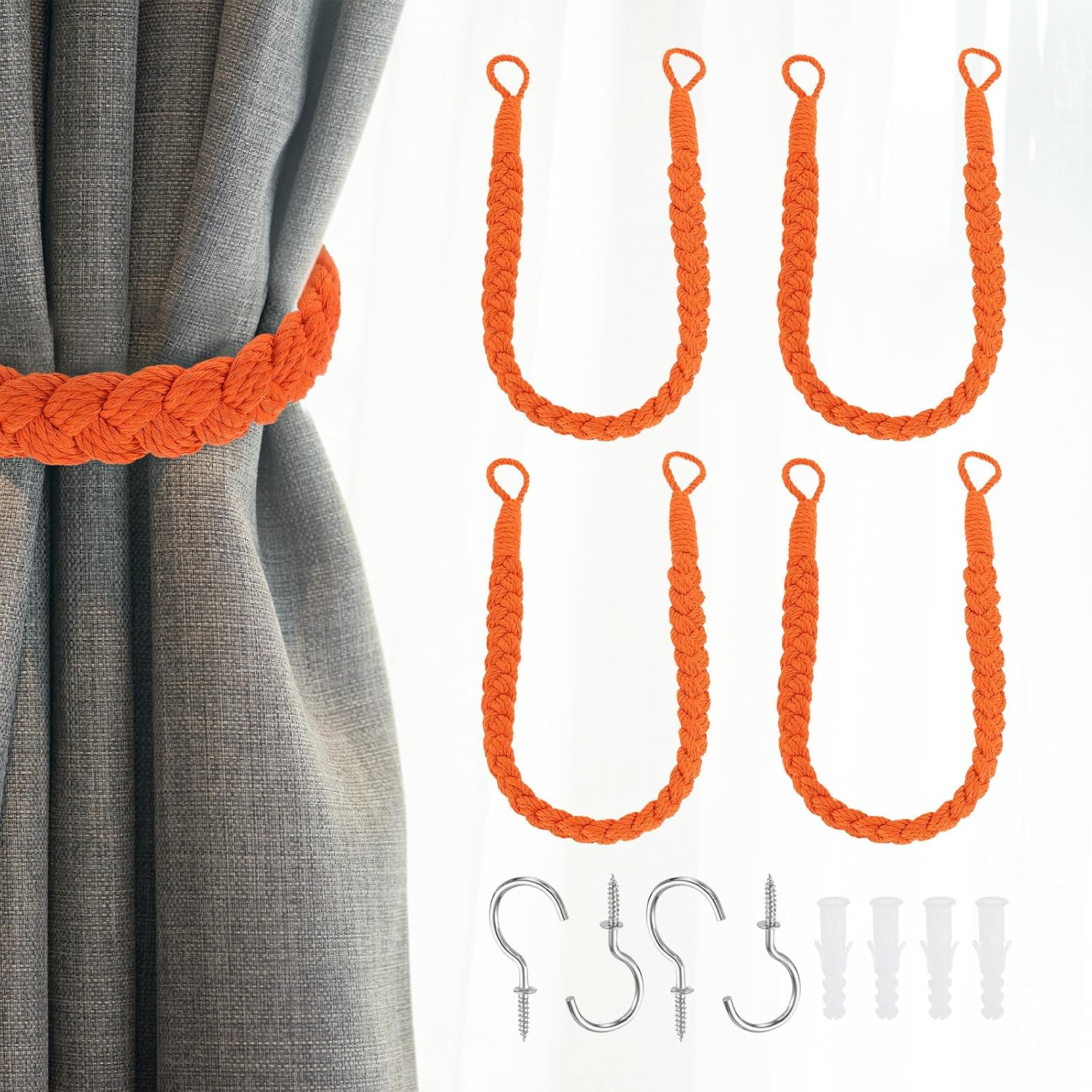 Uxcell 4Pcs Cotton Rope Curtain Tiebacks with Metal Hooks Orange