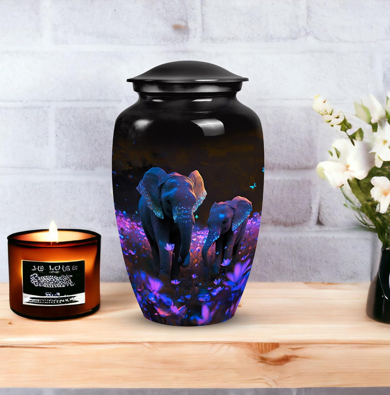 Elephant in Flower Field Cremation Urn - 10 Inch Adult Ashes Container