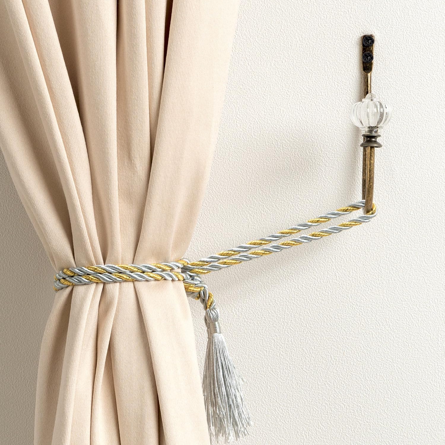 Crystal Curtain Holdbacks - 2 Pack Antique Brass Metal Hooks