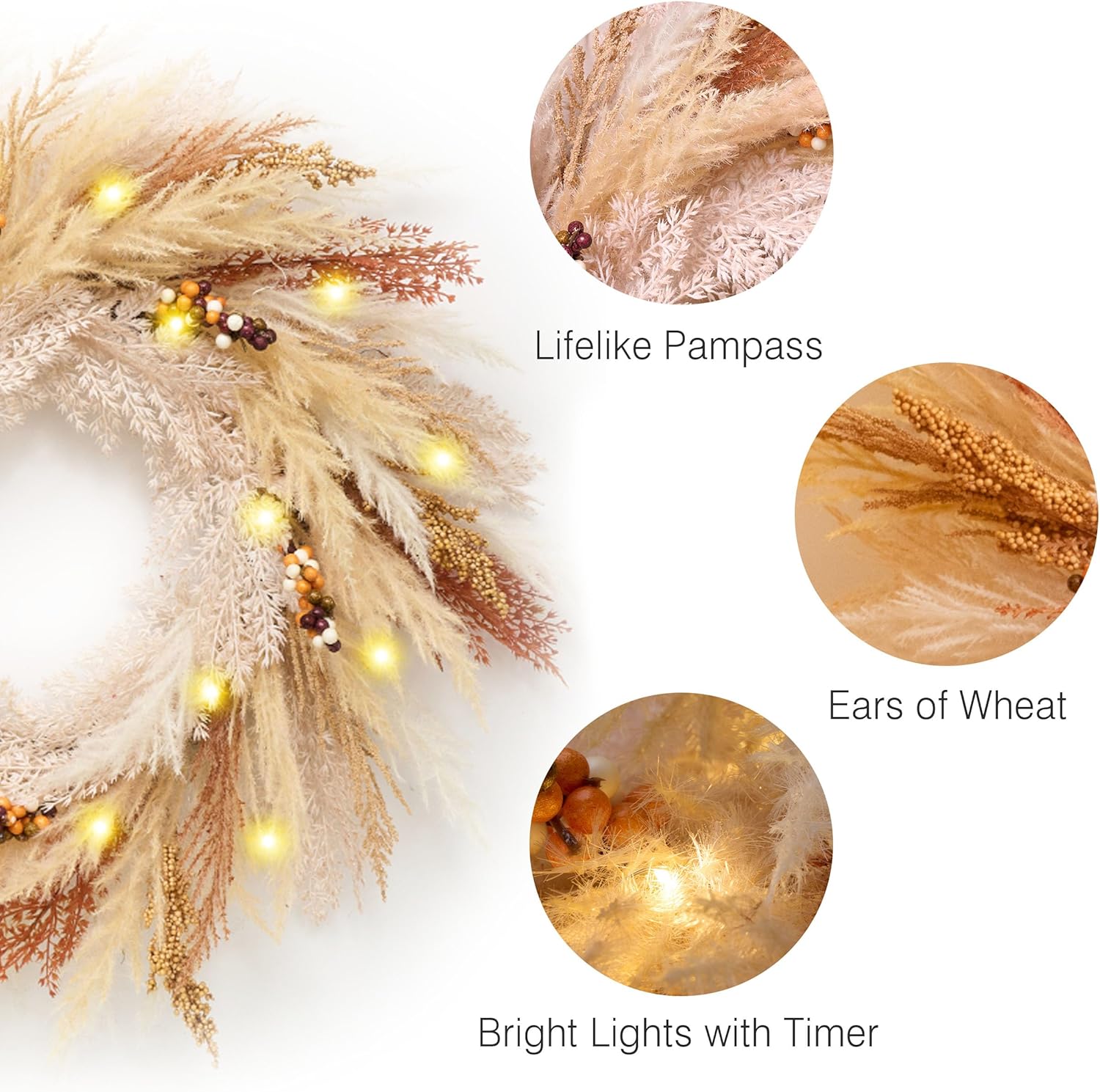 DecorbyHannah 24 Inch Pre-Lit Fall Door Wreath