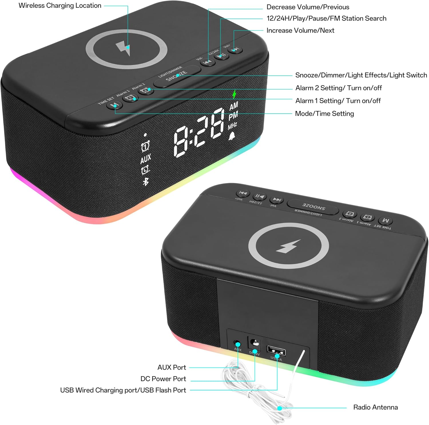 Fansbe Smart Bluetooth Alarm Clock with Night Light and FM Radio