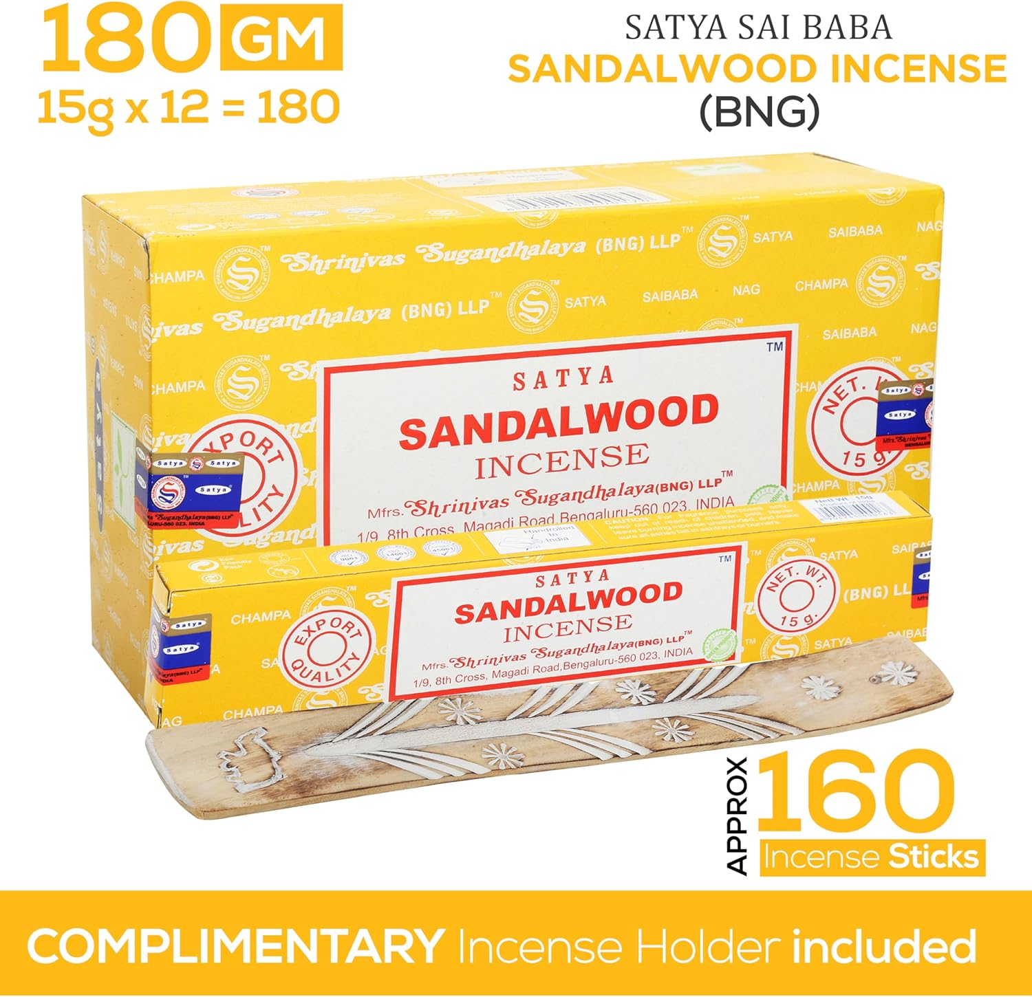 Satya Sandalwood Incense Sticks 15gmx12 Pack with Raajsee Holder