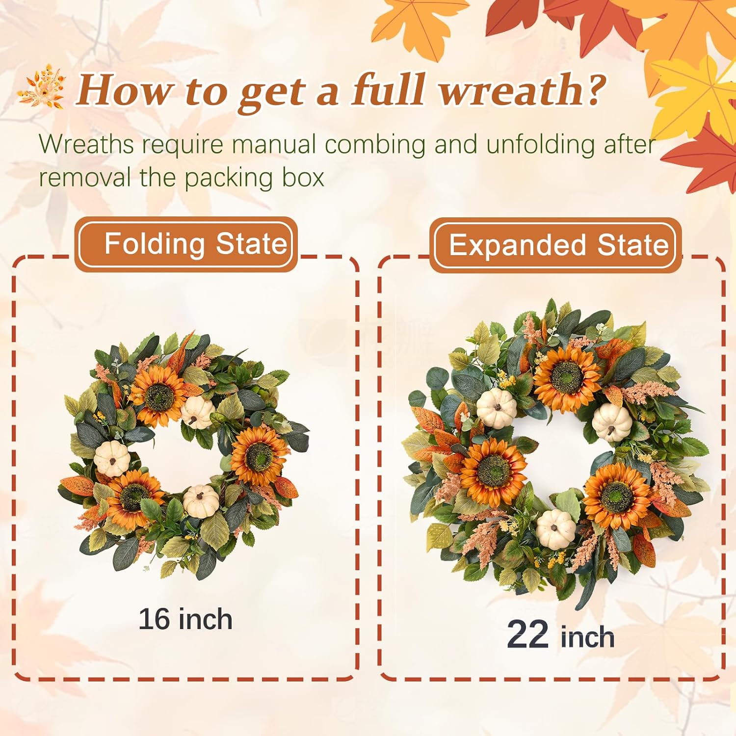 Waipfaru Fall Wreath for Front Door with Sunflower and Pumpkin