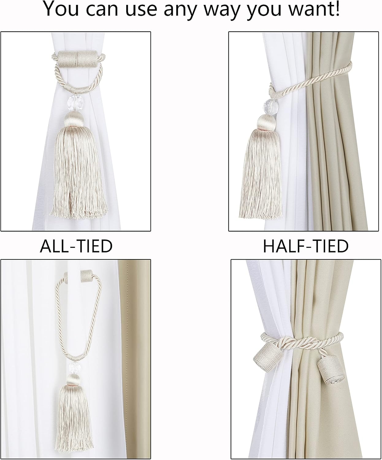 BEL AVENIR Magnetic Curtain Holdbacks Tassel Ties Beige