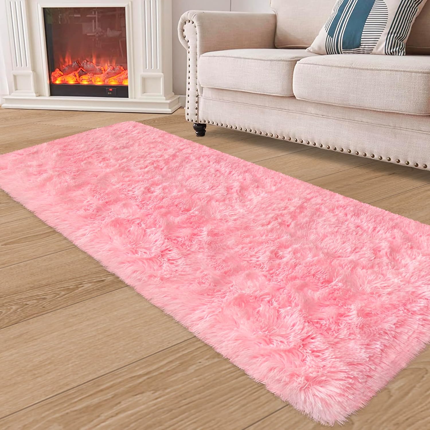 Pink Fluffy Shaggy Runner Rug for Bedroom and Hallway