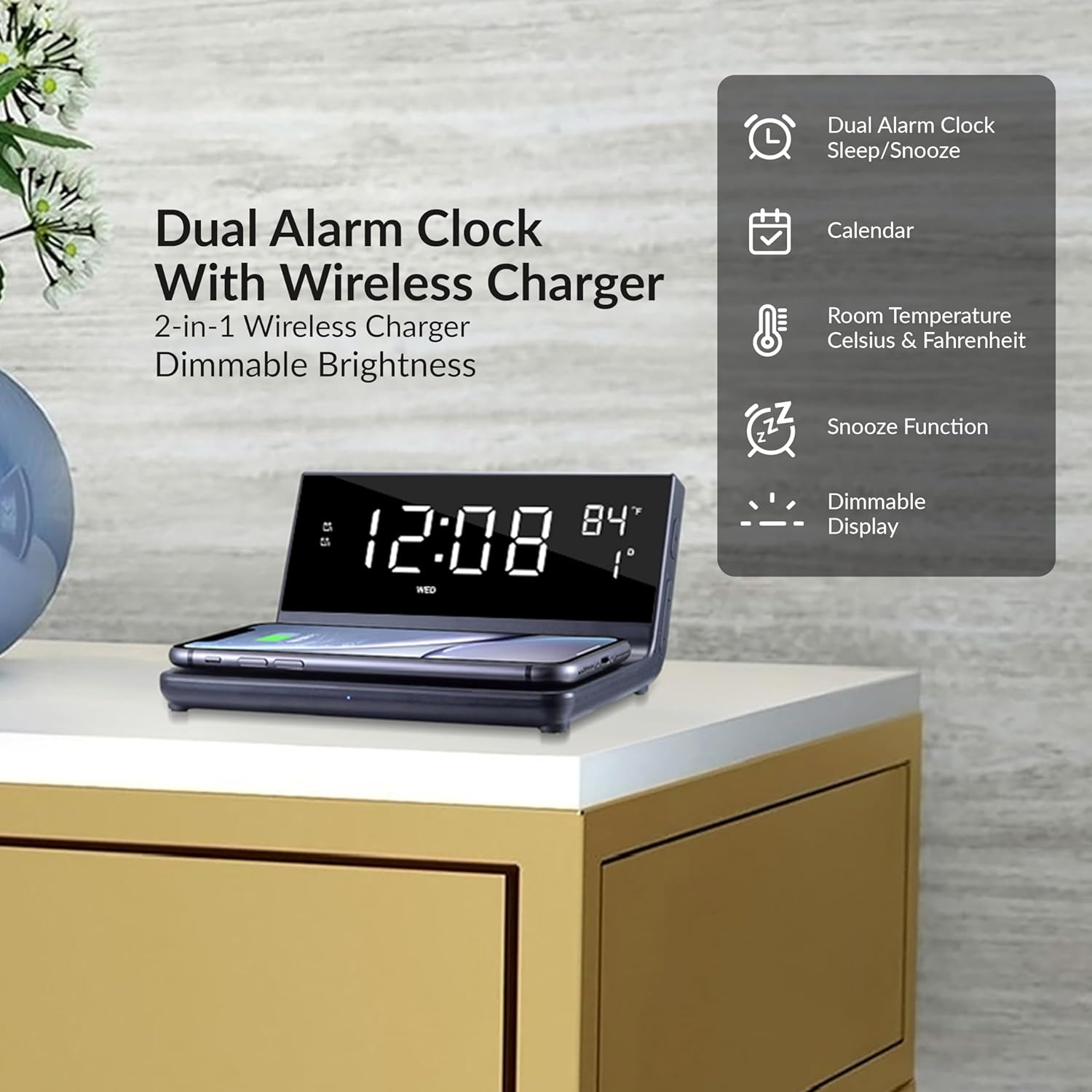Supersonic SC-6025QI Dual Alarm Clock with Wireless Charging