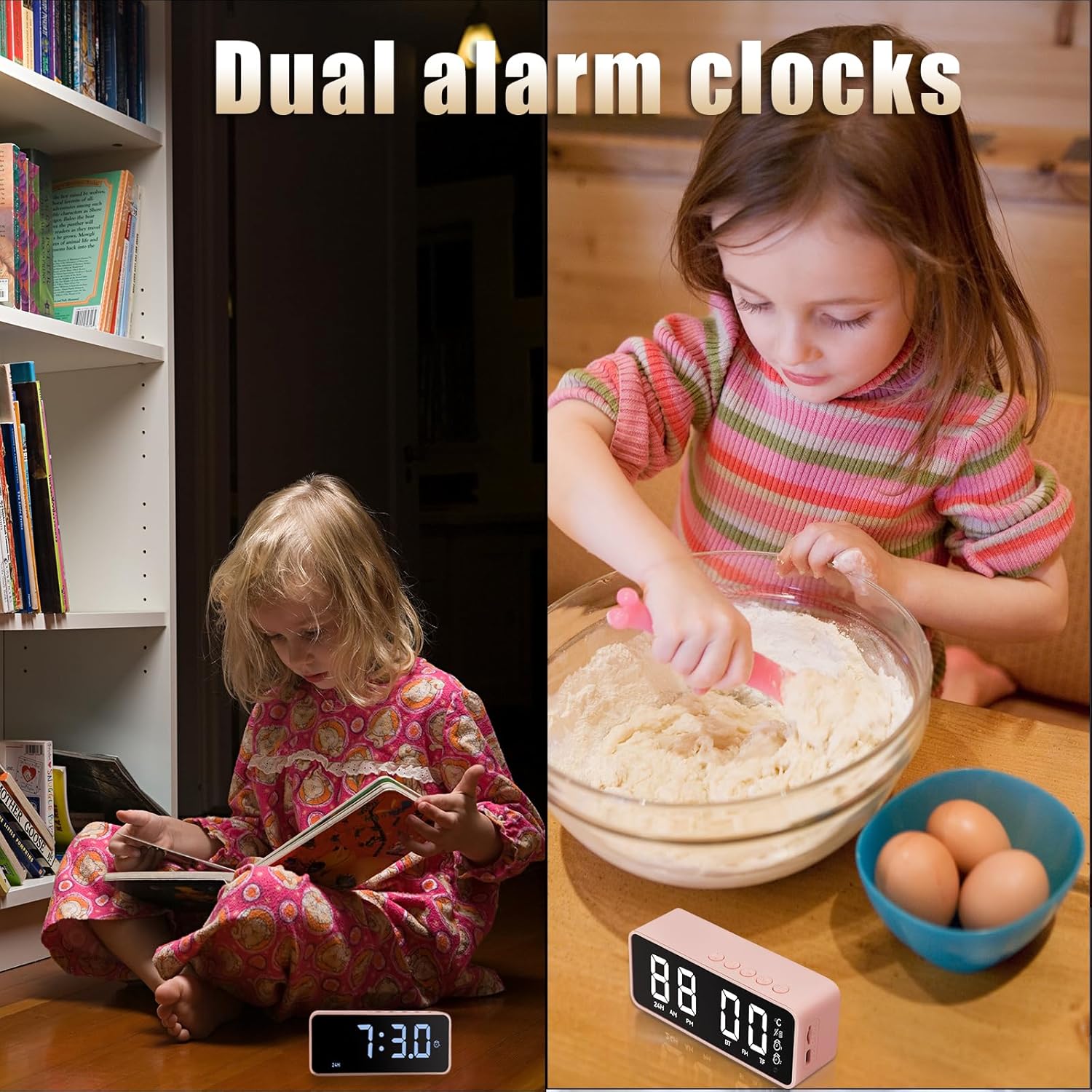 Pink Digital Alarm Clock with Music and Thermometer