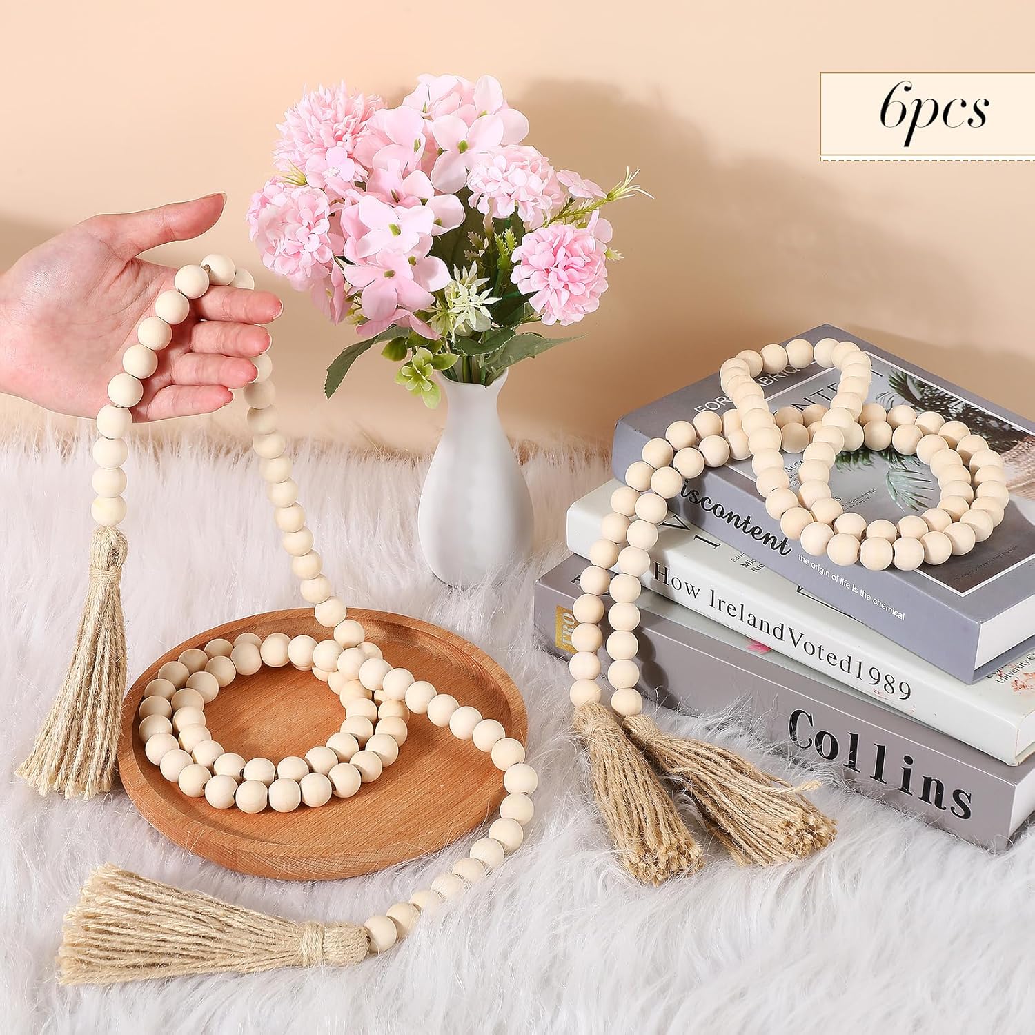 Geetery 6 Pcs 58 Inch Wood Bead Garland with Tassels