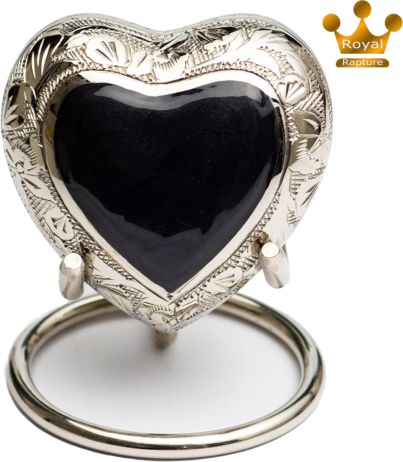Royal Rapture Heart Urn Cremation Keepsake with Stand Silver Black 3 Inch
