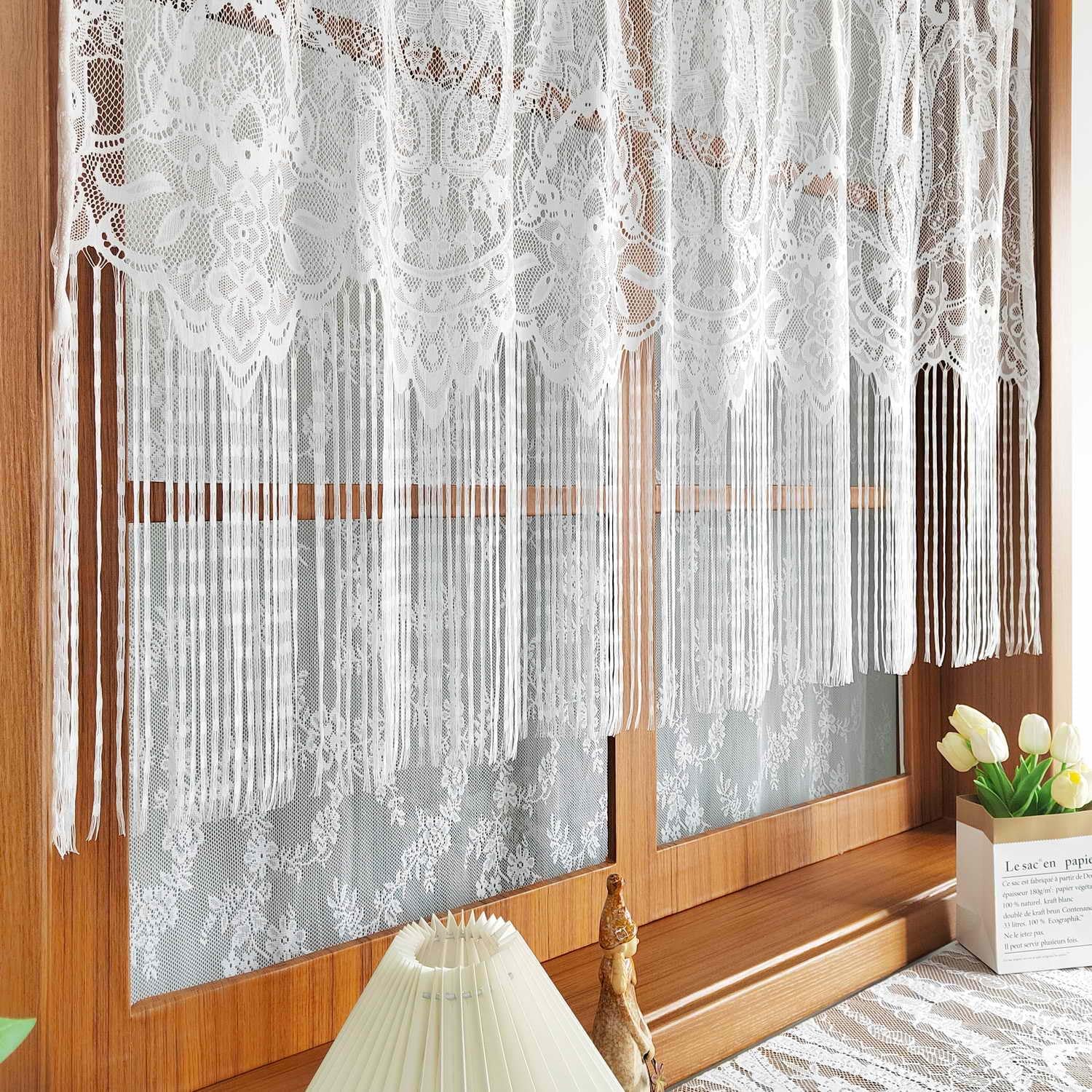 1 Panel French Floral Lace Sheer Curtains with Tassels