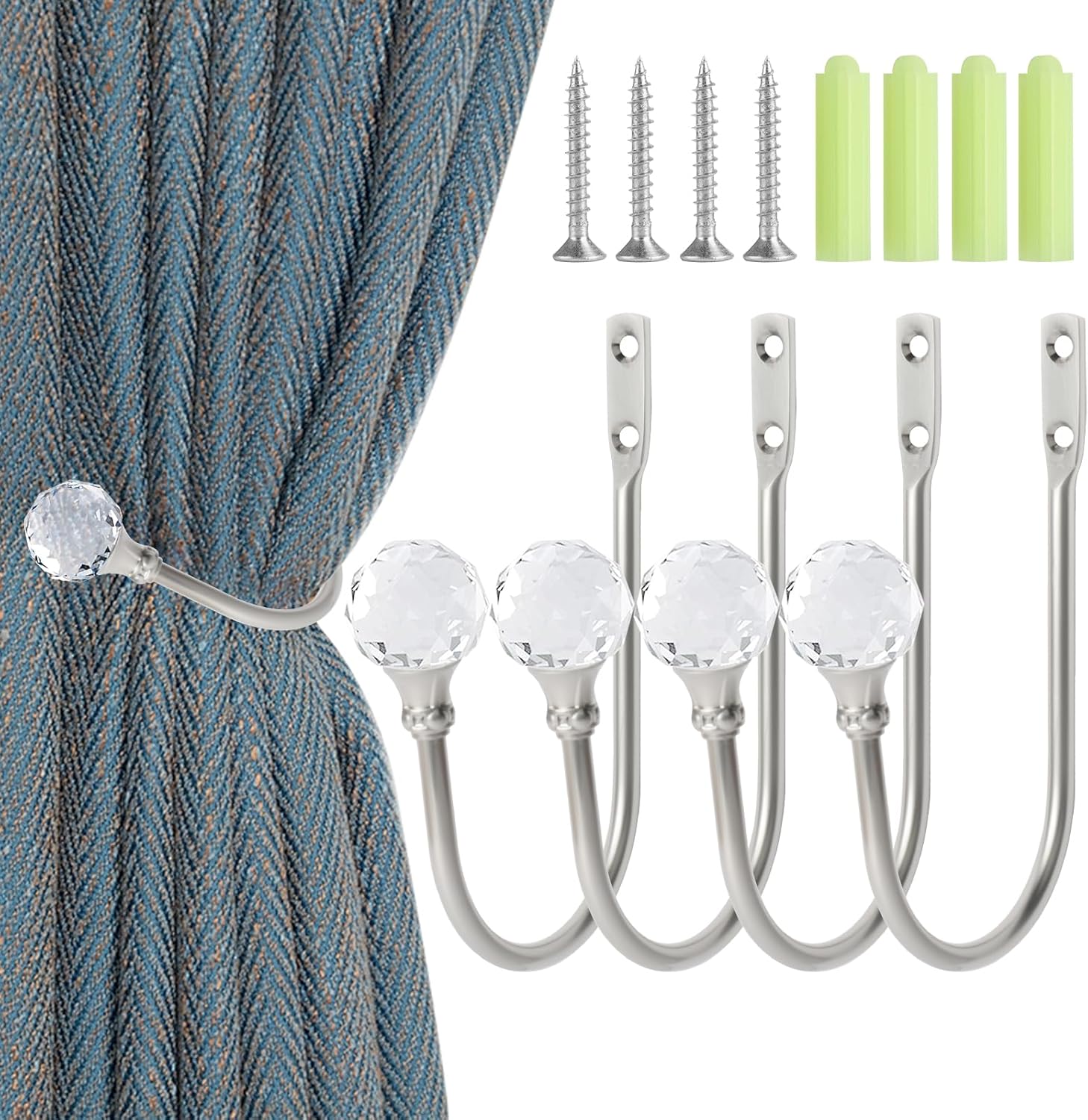 Silver Wall Mounted Curtain Holders with Crystal Ball