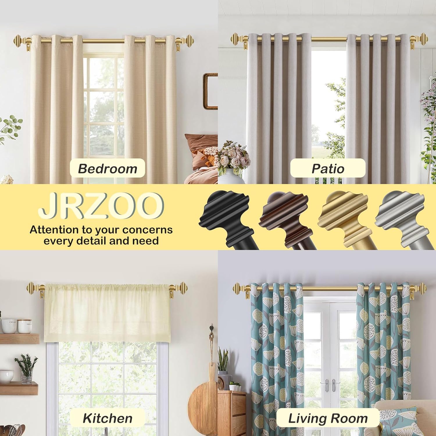 JRZOO Gold Curtain Rods 18-45 with Square Finials