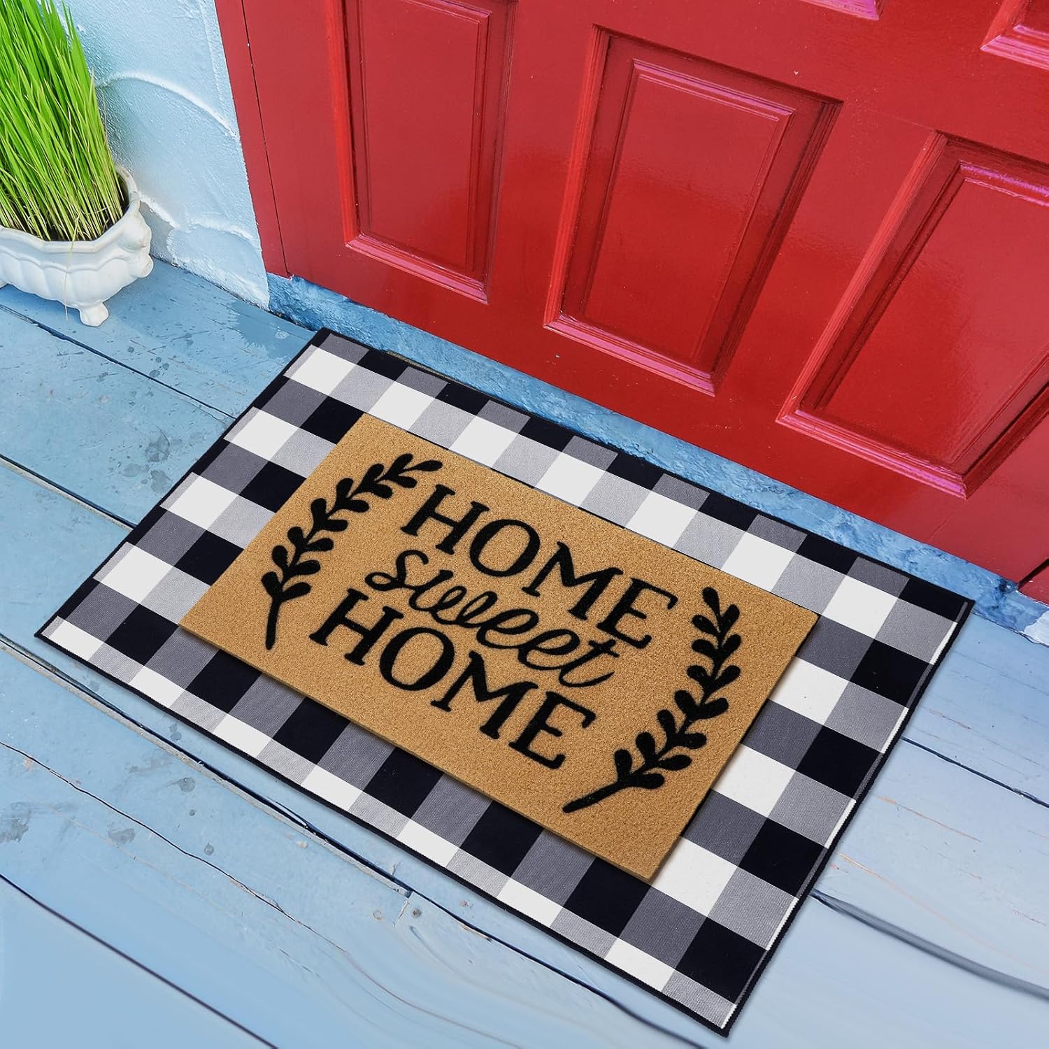 2 Pcs Buffalo Plaid Door Mat Front Porch Rug Coir Imitation