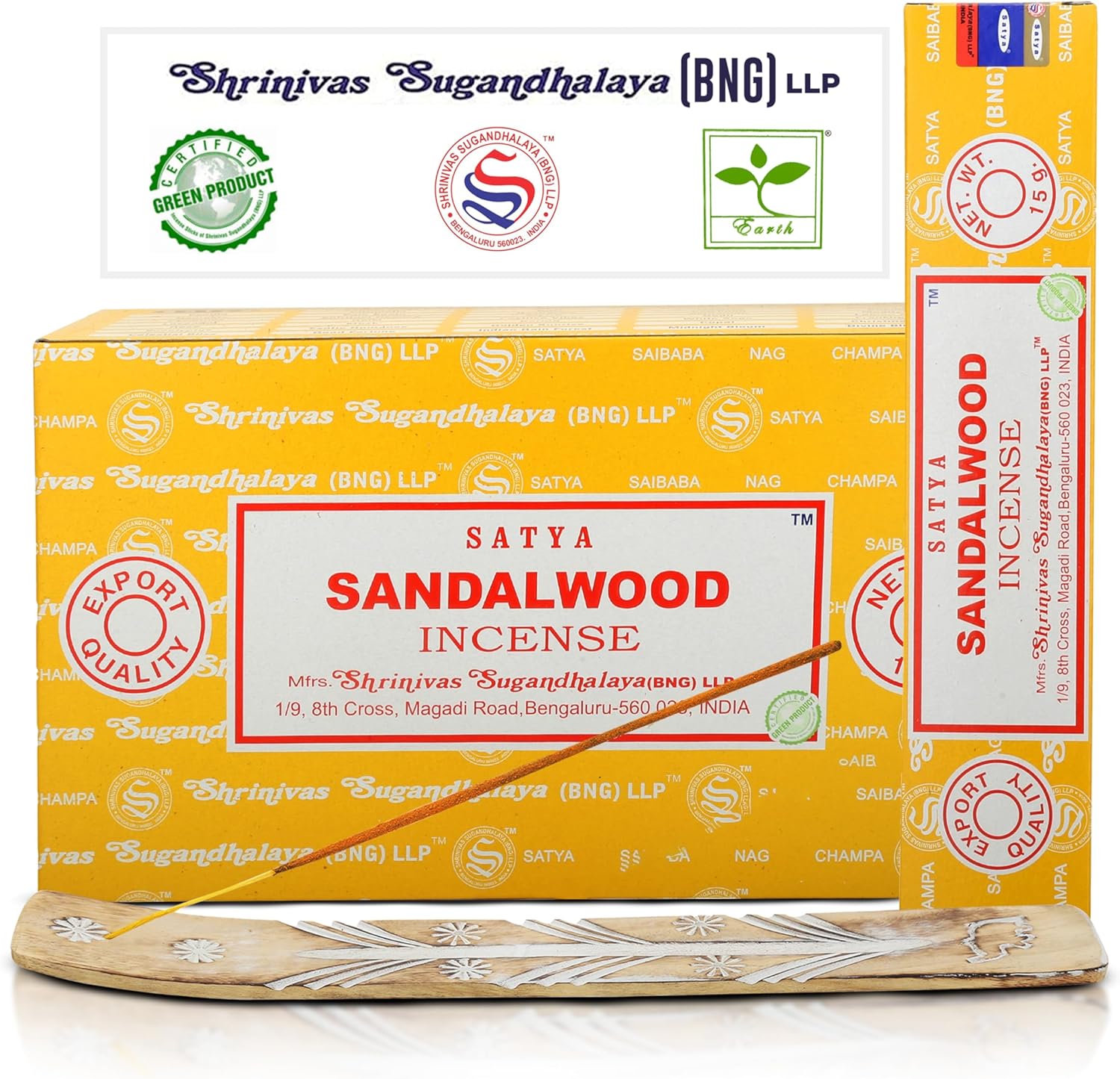 Satya Sandalwood Incense Sticks 15gmx12 Pack with Raajsee Holder