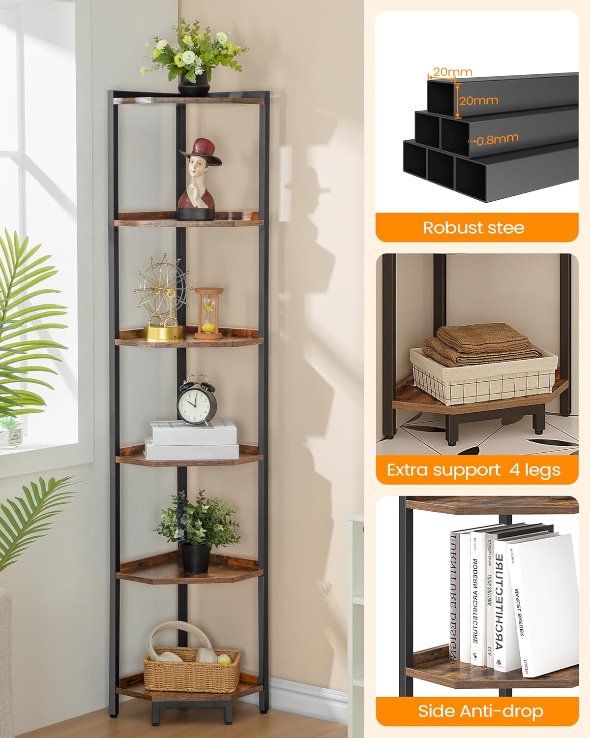 6-Tier Corner Shelf Stand with Metal Frame
