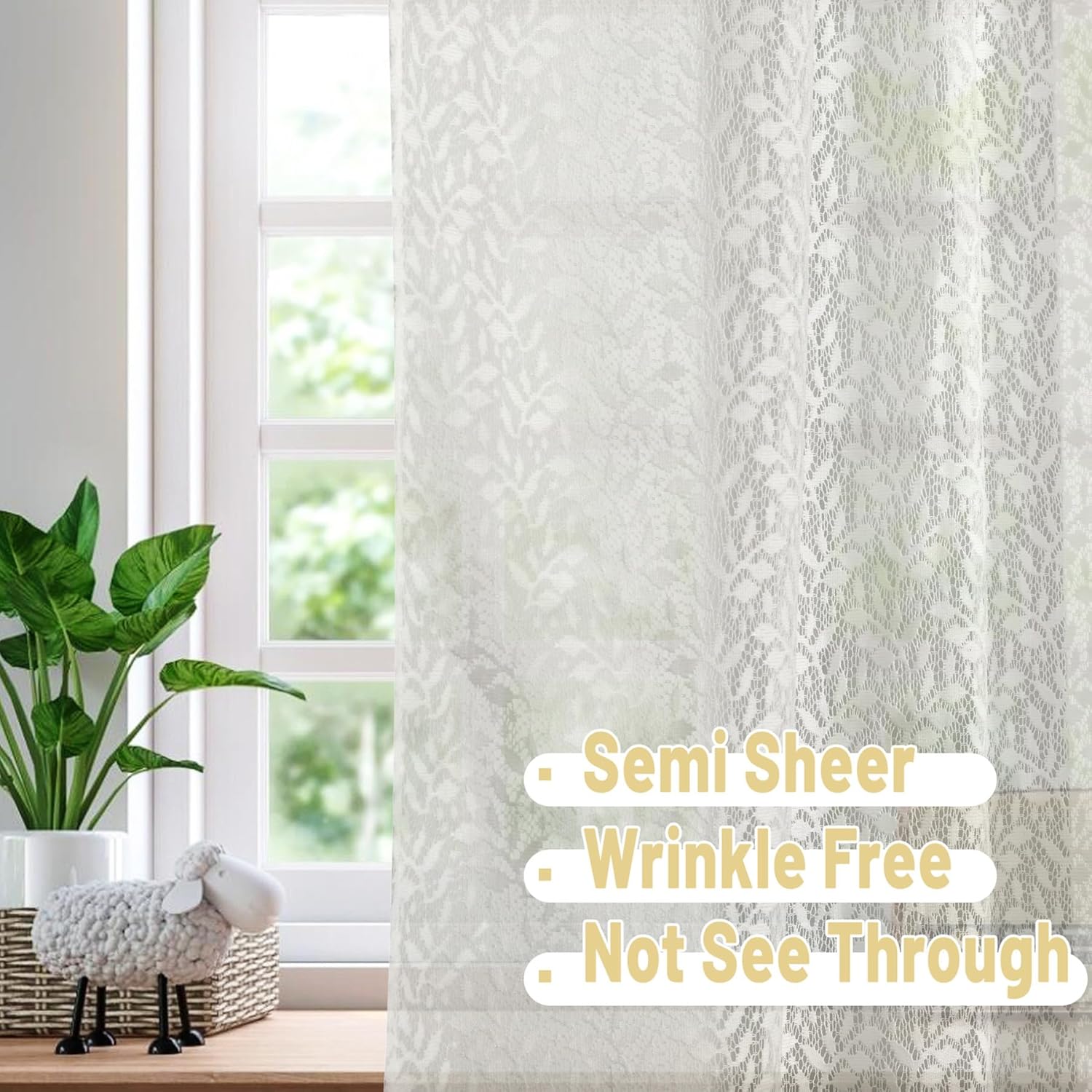White Lace French Door Curtains with Tieback 2 Panels 25x40 Inch