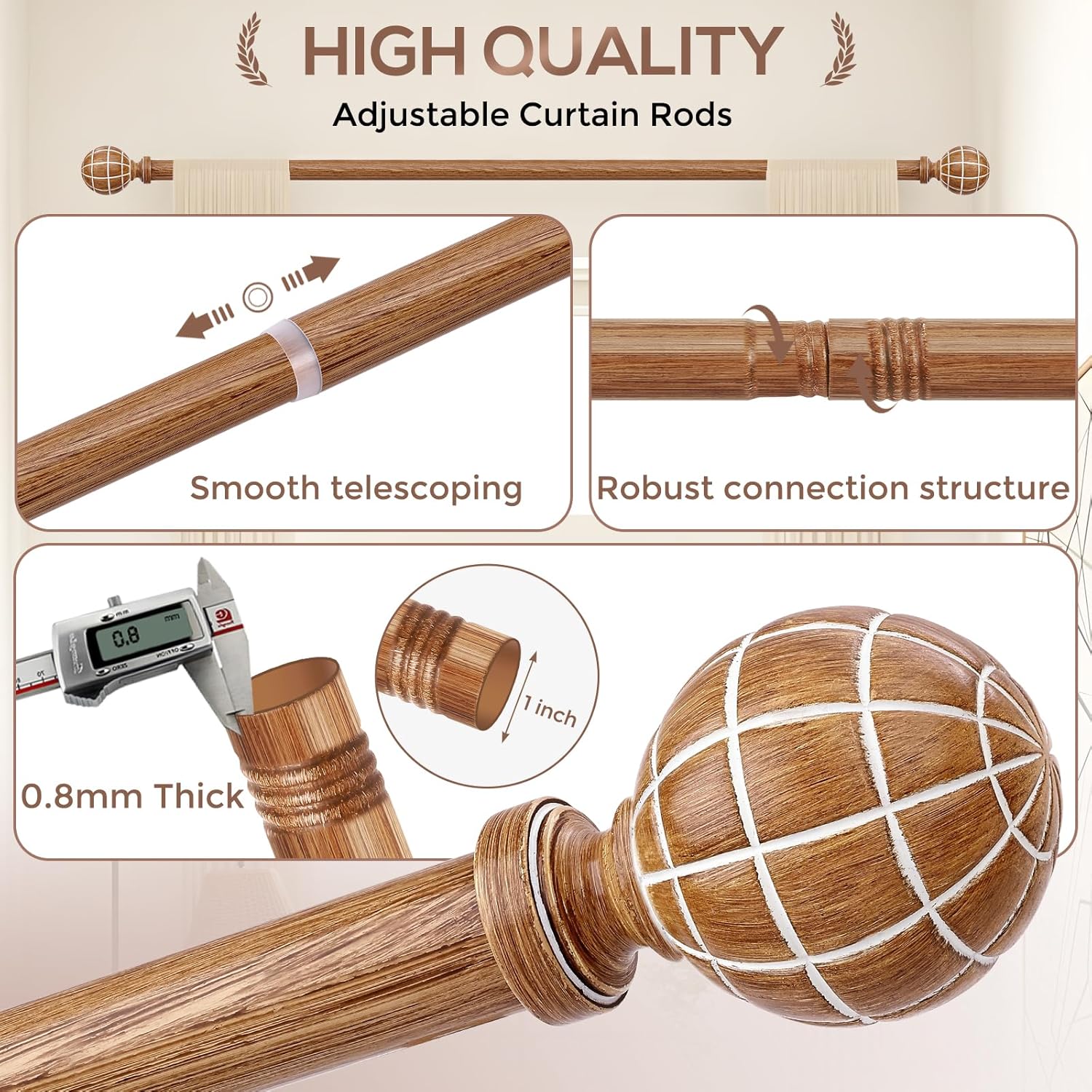 JRZOO Imitation Wood Grain Curtain Rods 30-88 Inches