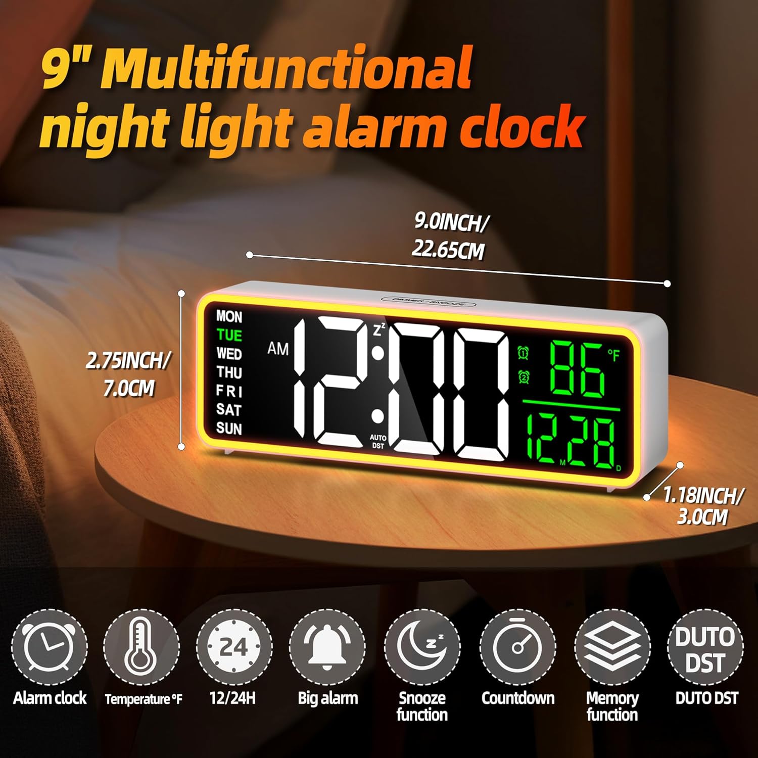 LEIKE 9 Inch Digital Alarm Clock with Night Light and USB Port
