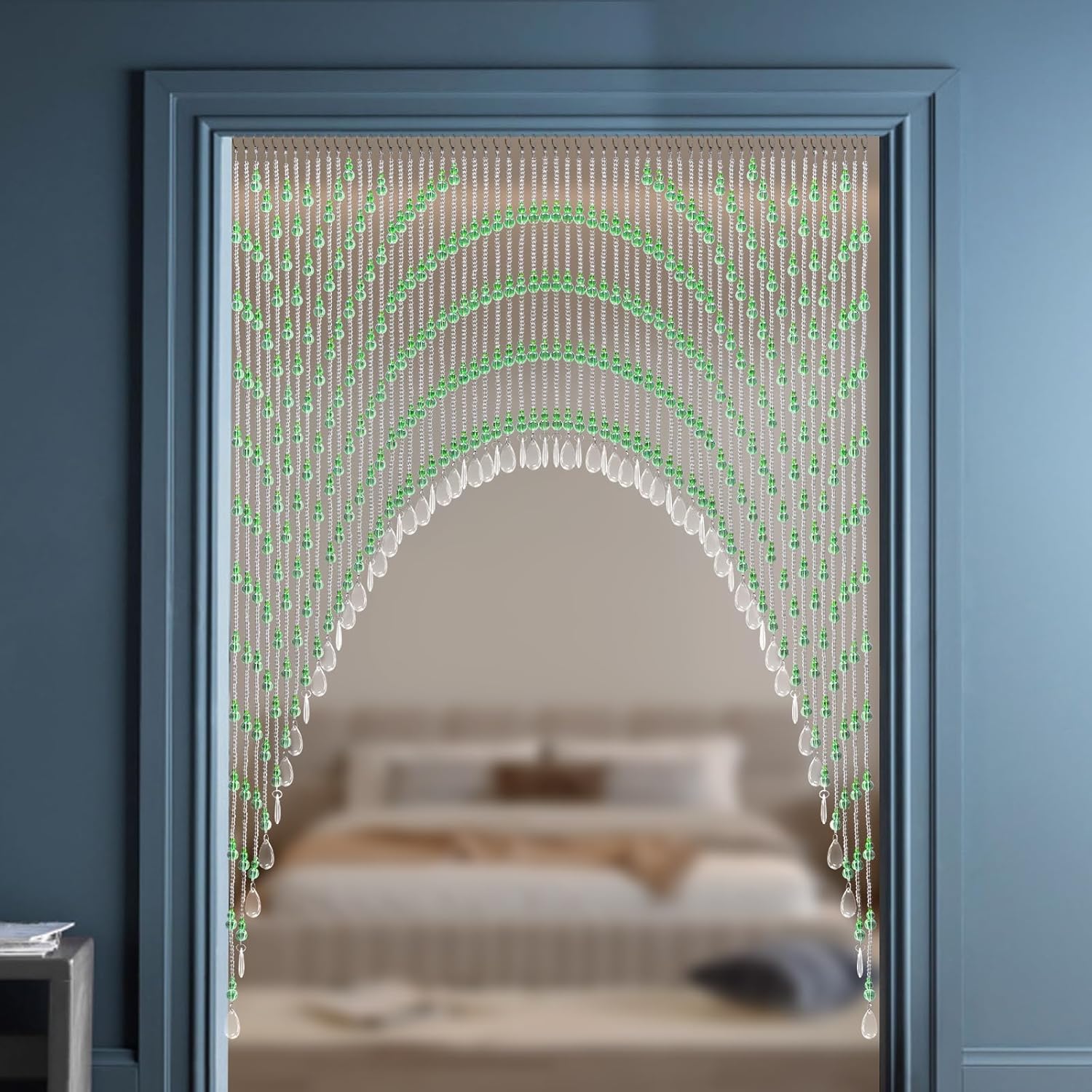 60 String Beaded Curtain with Clear and Green Glass Beads