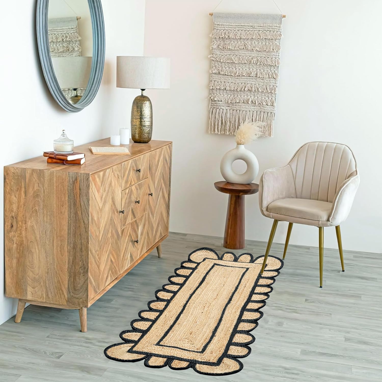 SSE Scalloped Jute Area Rug 2x6 Feet Reversible Handwoven