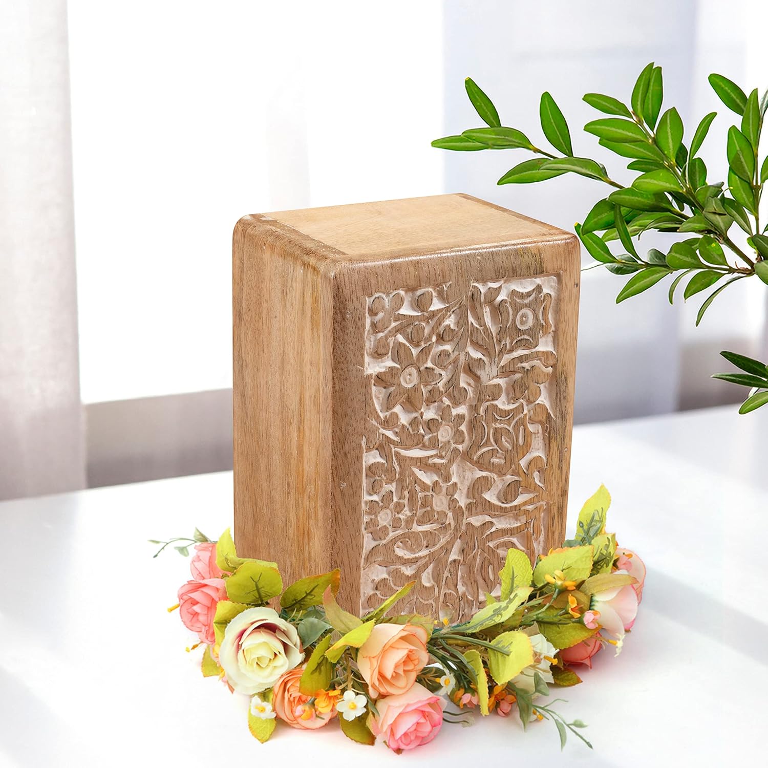 The Wooden Town Hand-Carved Cremation Urn Box - White Wash