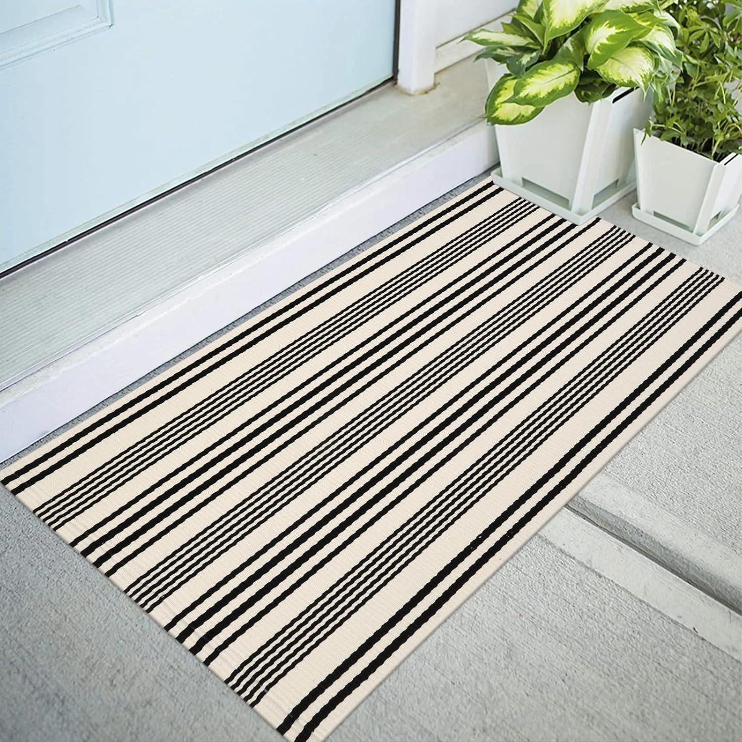 Black and White Striped Outdoor Rug 2x3 Cotton Reversible