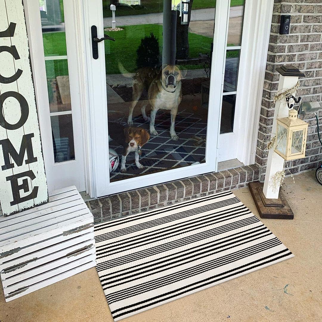 Black and White Striped Outdoor Rug 2x3 Cotton Reversible