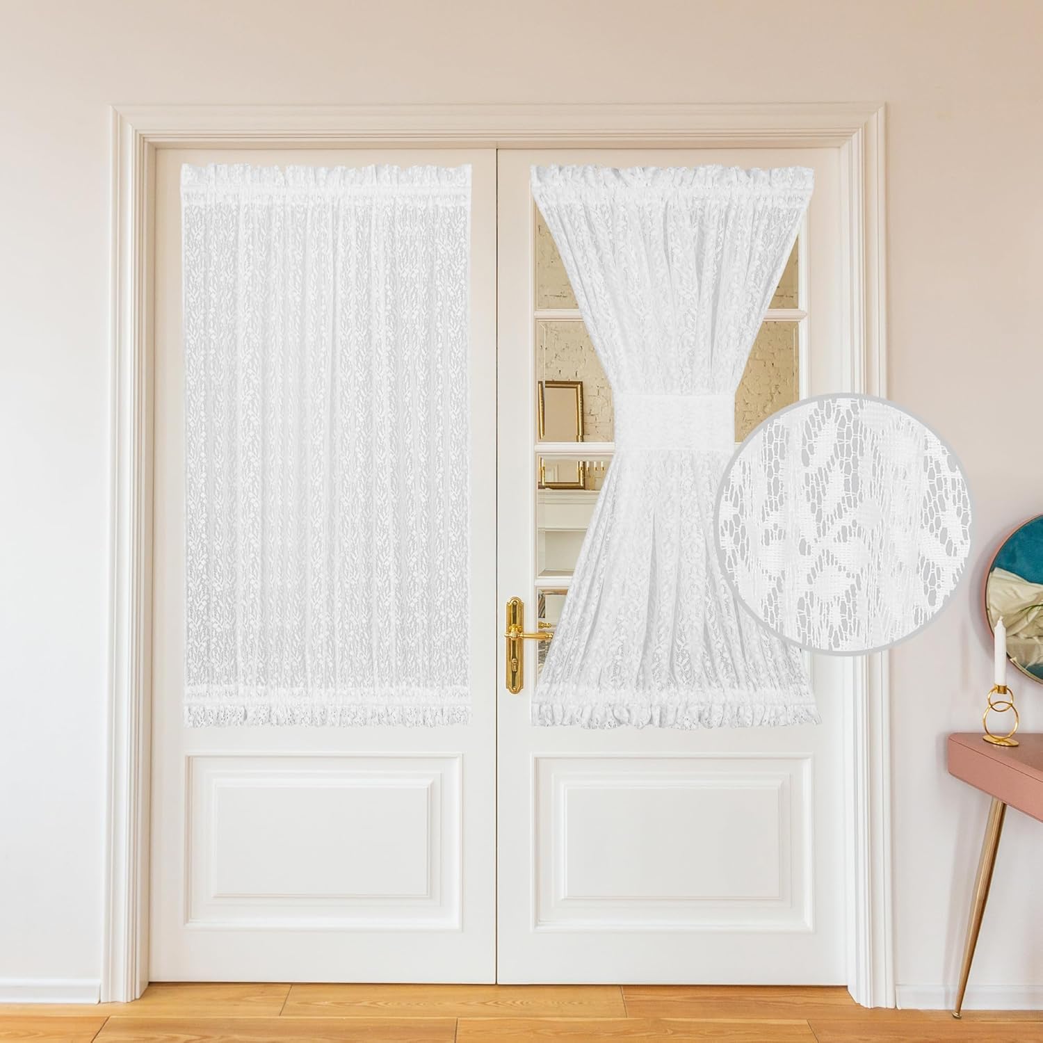 White Lace French Door Curtains with Tieback 2 Panels 25x40 Inch