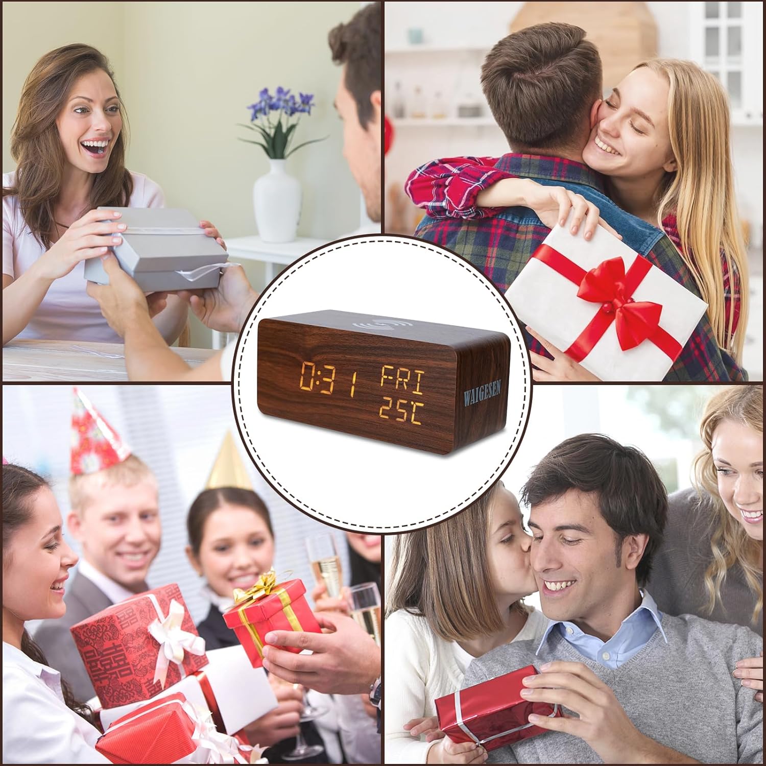 Digital Wooden Alarm Clock with 10W Wireless Charging and Three Levels Brightness
