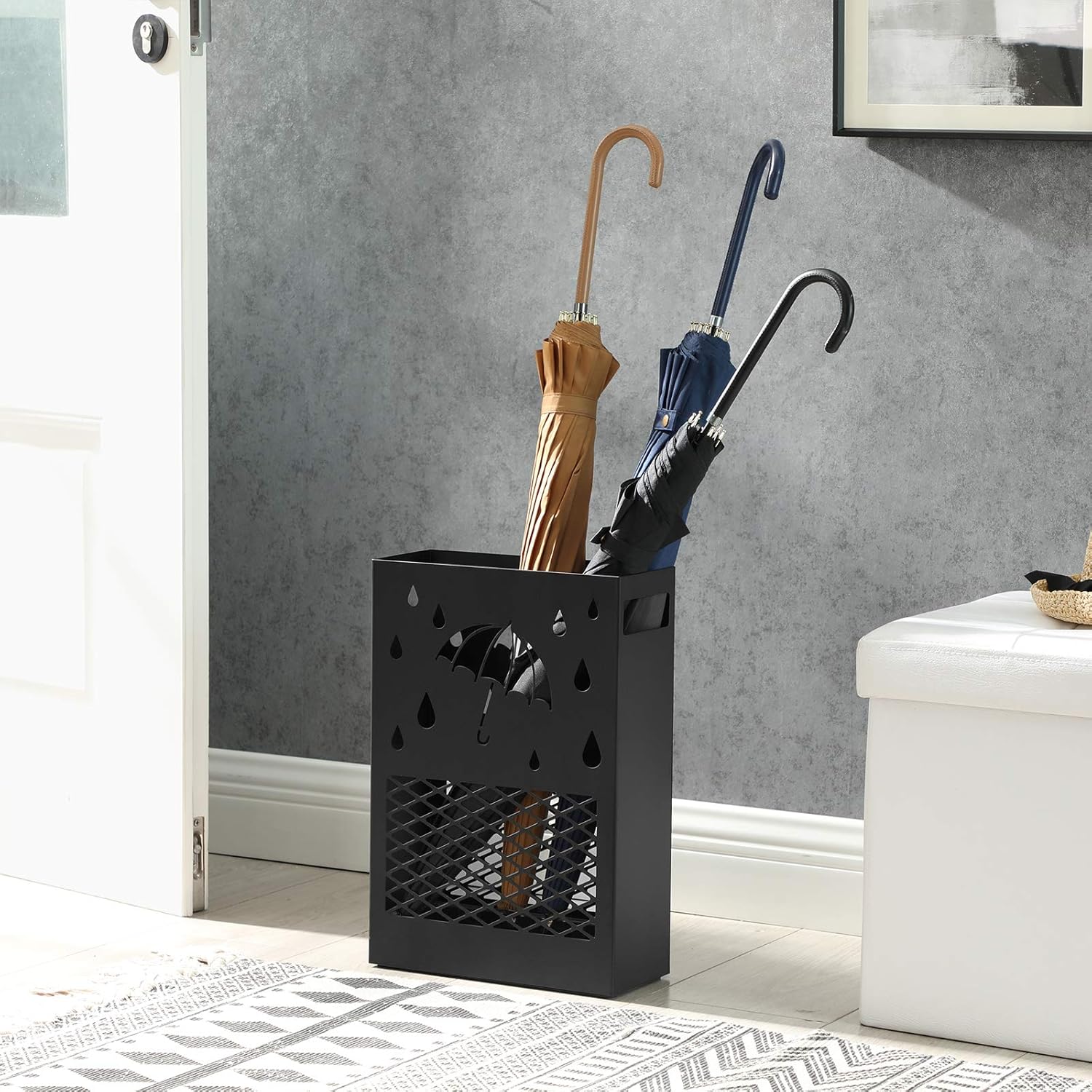 SONGMICS Metal Umbrella Stand with Drip Tray and 4 Hooks