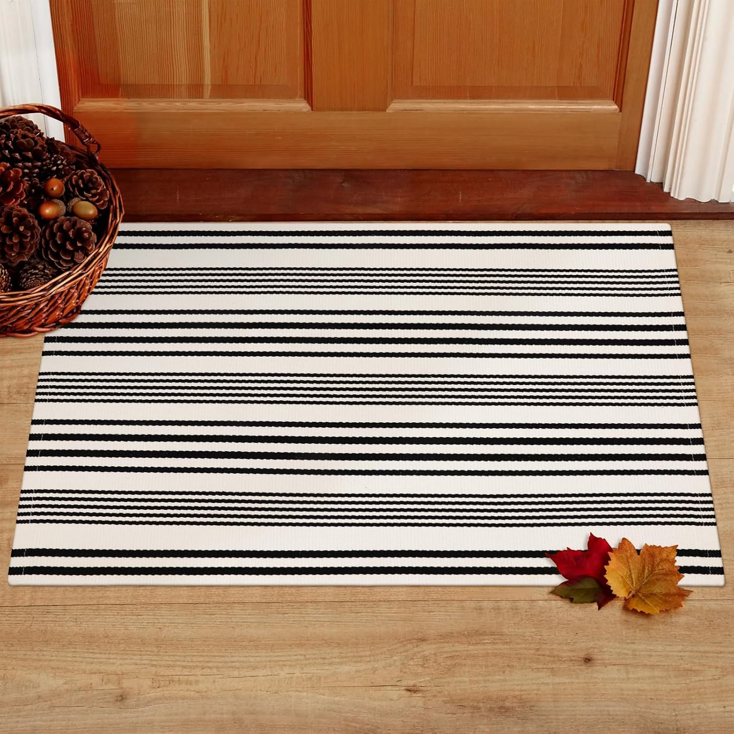 Black and White Striped Outdoor Rug 2x3 Cotton Reversible