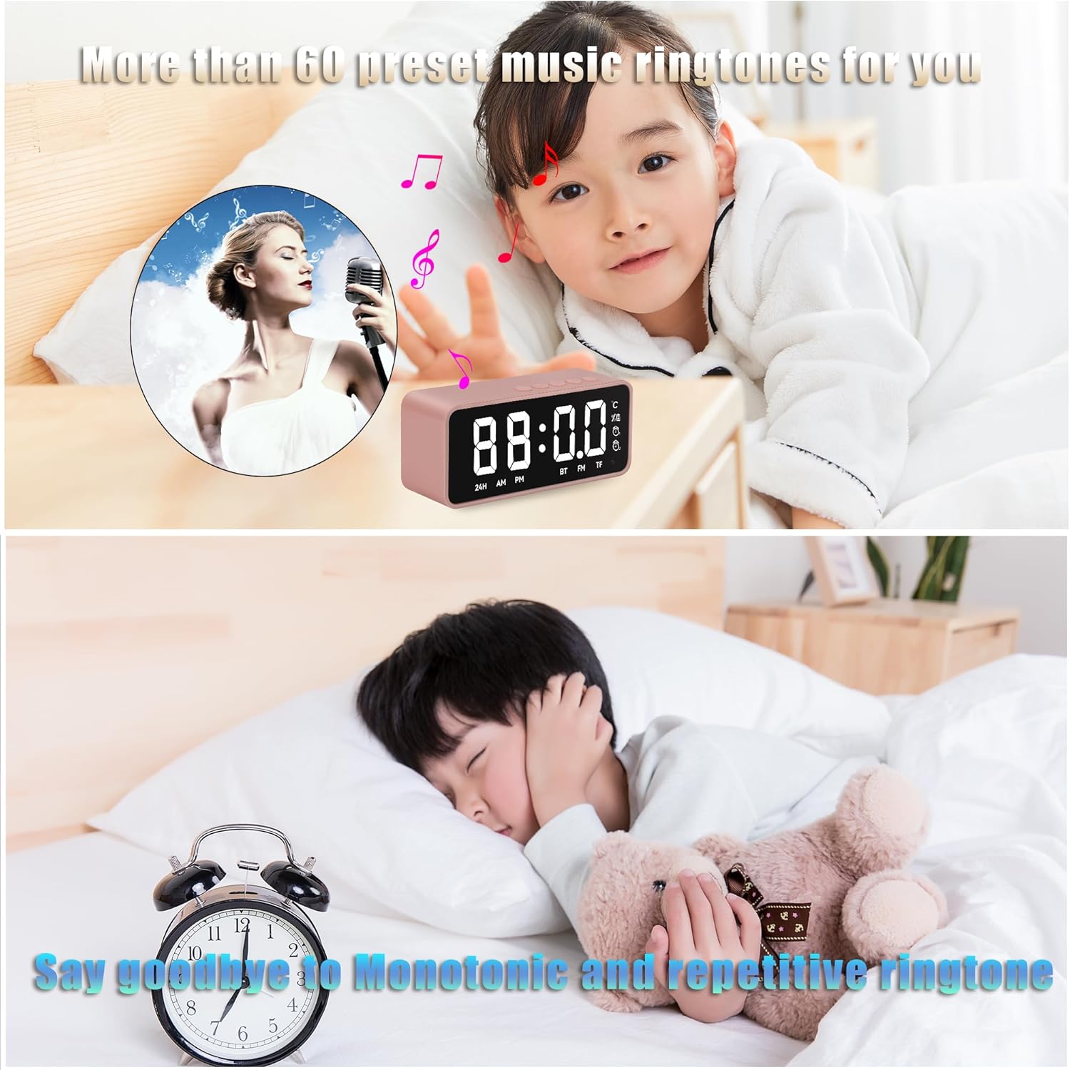 Pink Digital Alarm Clock with Music and Thermometer