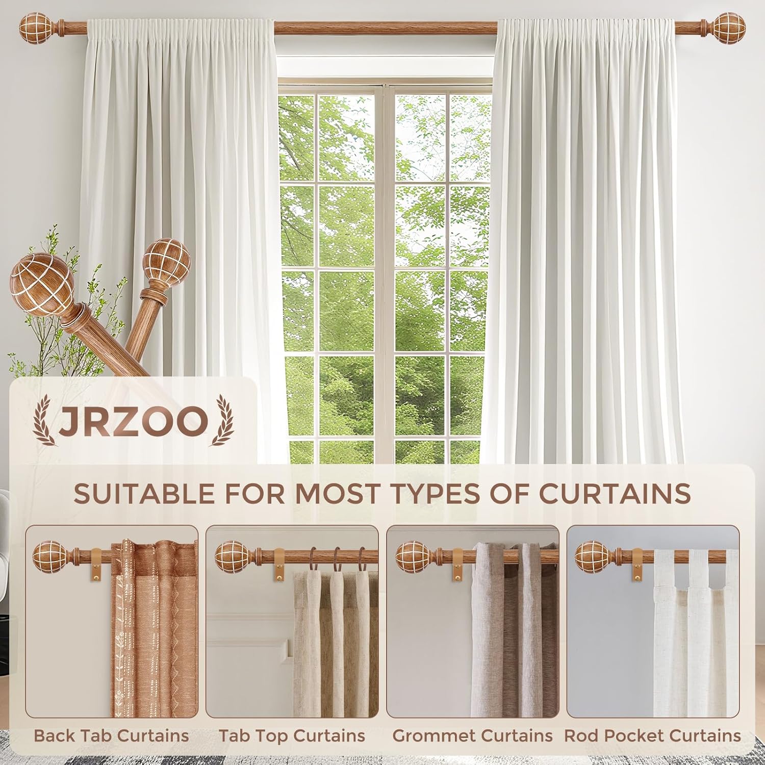 JRZOO Imitation Wood Grain Curtain Rods 30-88 Inches
