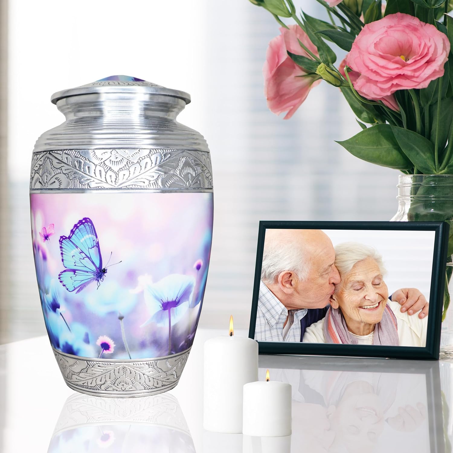 M MEILINXU Blue Butterfly Large Cremation Urn for Adult Ashes