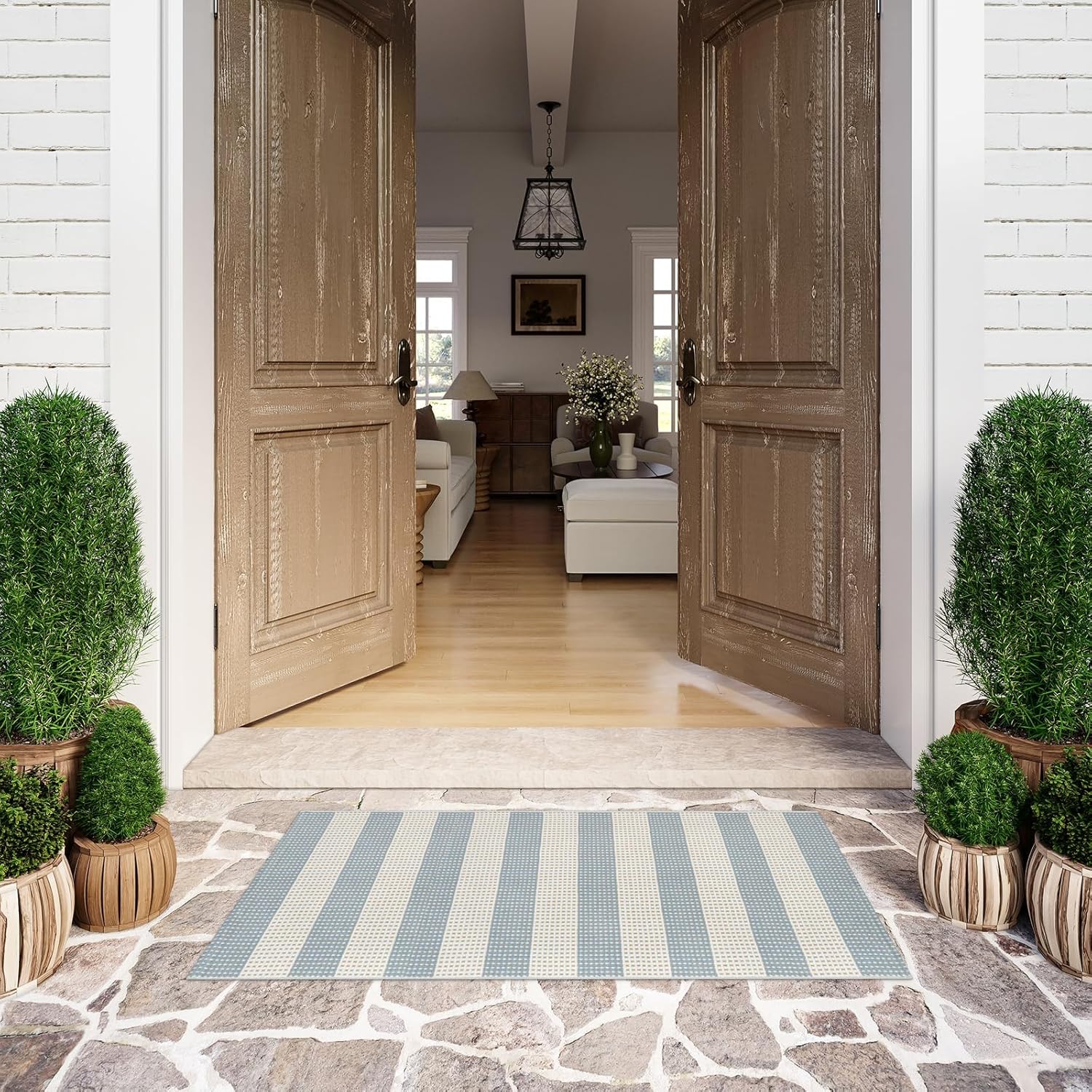 LEEVAN Blue White Striped Porch Rug 24x51