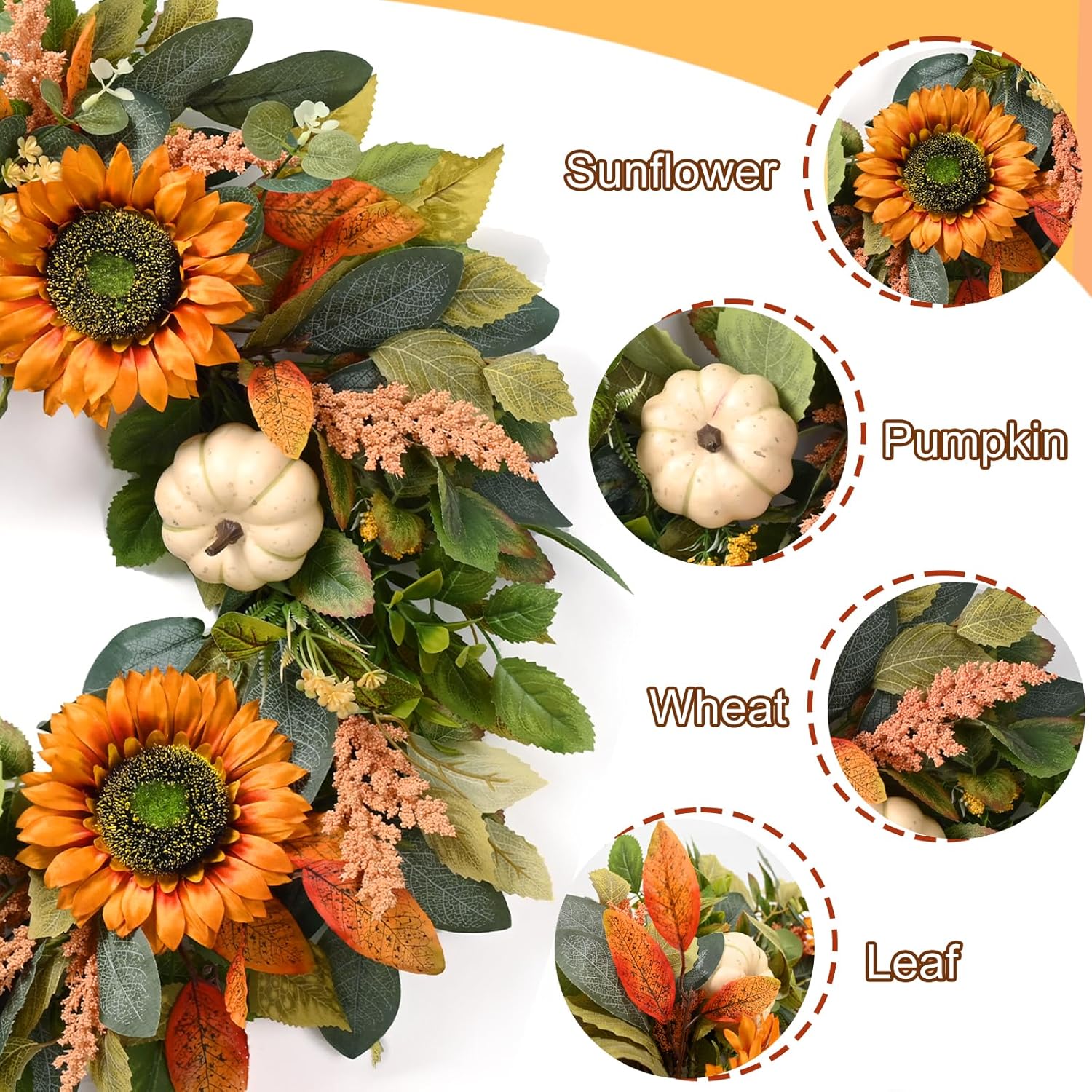 Waipfaru Fall Wreath for Front Door with Sunflower and Pumpkin