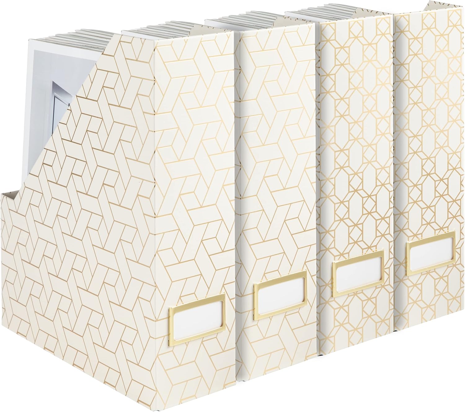 BLU MONACO Foldable Magazine Storage Boxes - Set of 4 Gold Woven Design