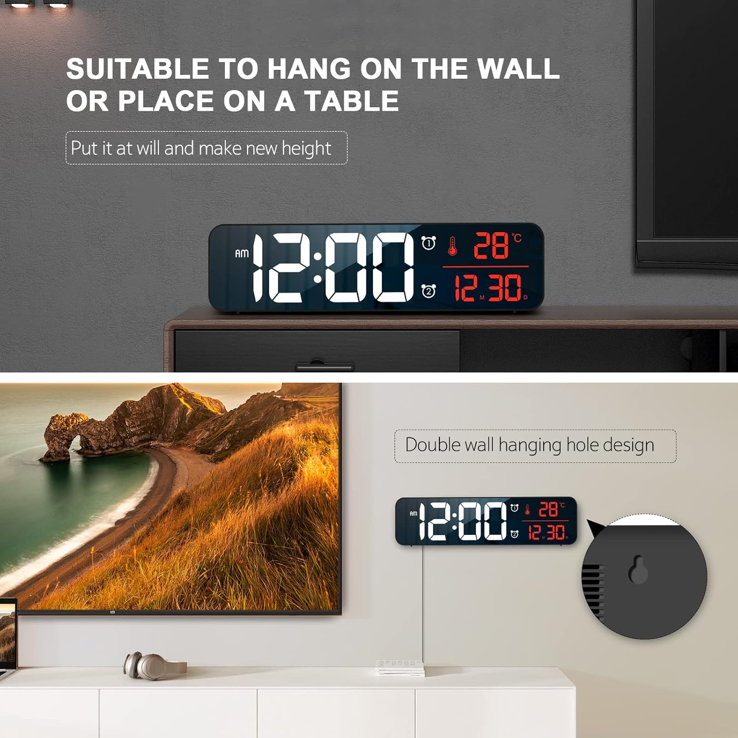 Large Digital Wall Clock with Alarm and Temperature Display