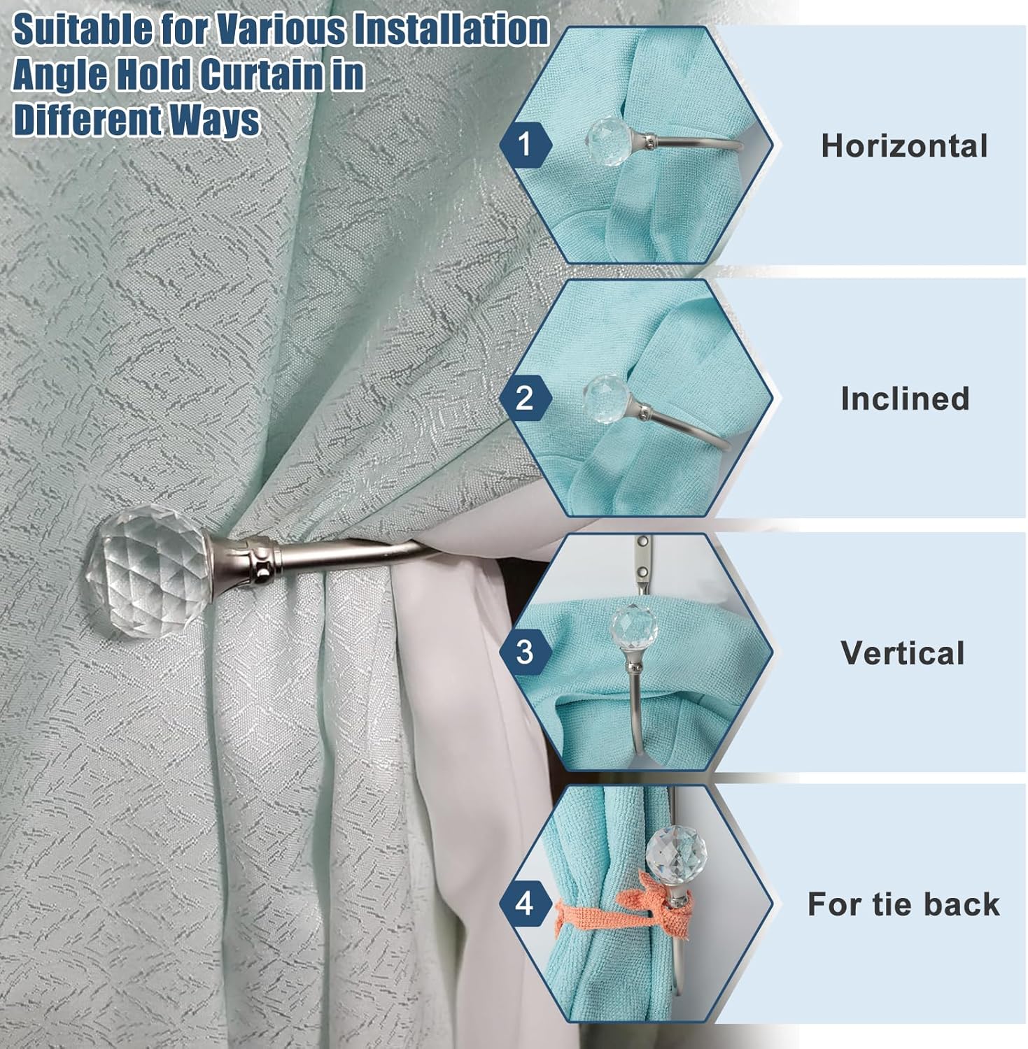Silver Wall Mounted Curtain Holders with Crystal Ball