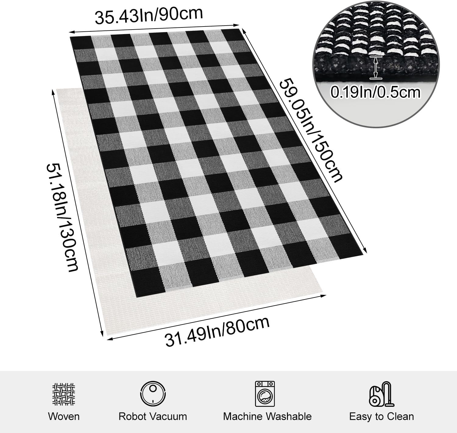 Buffalo Plaid Area Rug 3x5 Black and White Checkered Entryway Mat