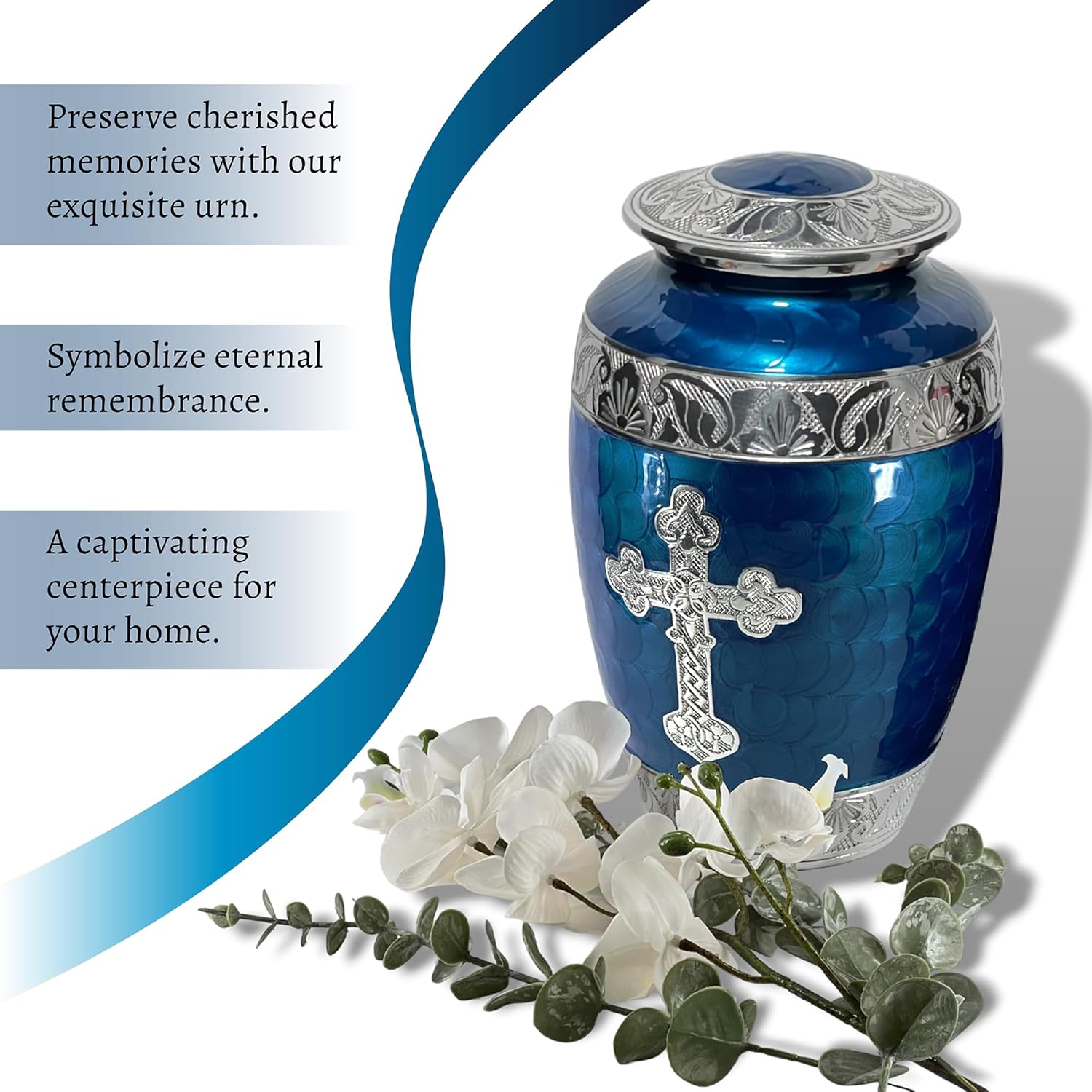 Handcrafted Cross Cremation Urn for Adult Ashes Navy Blue Large