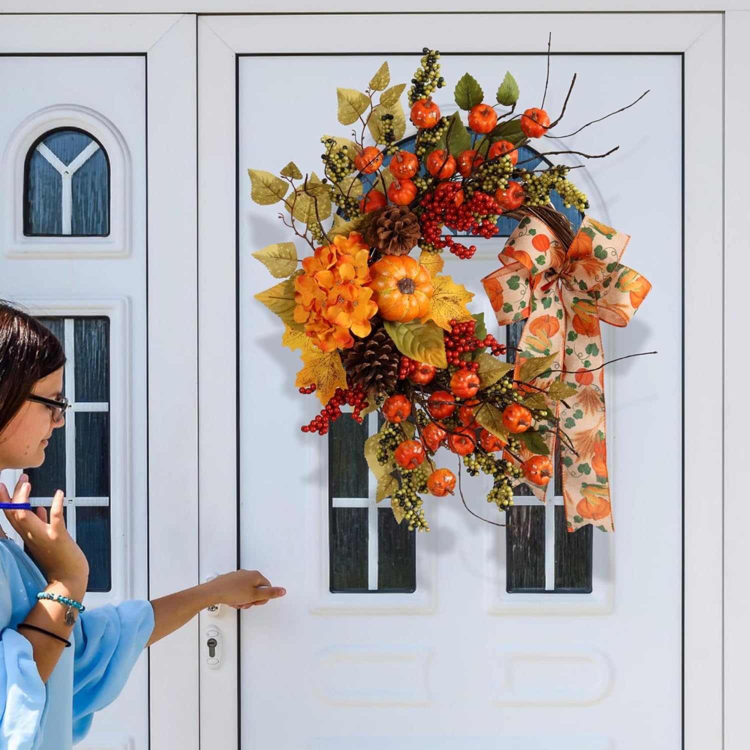 22 Inch Fall Artificial Wreath with Pumpkins and Berries