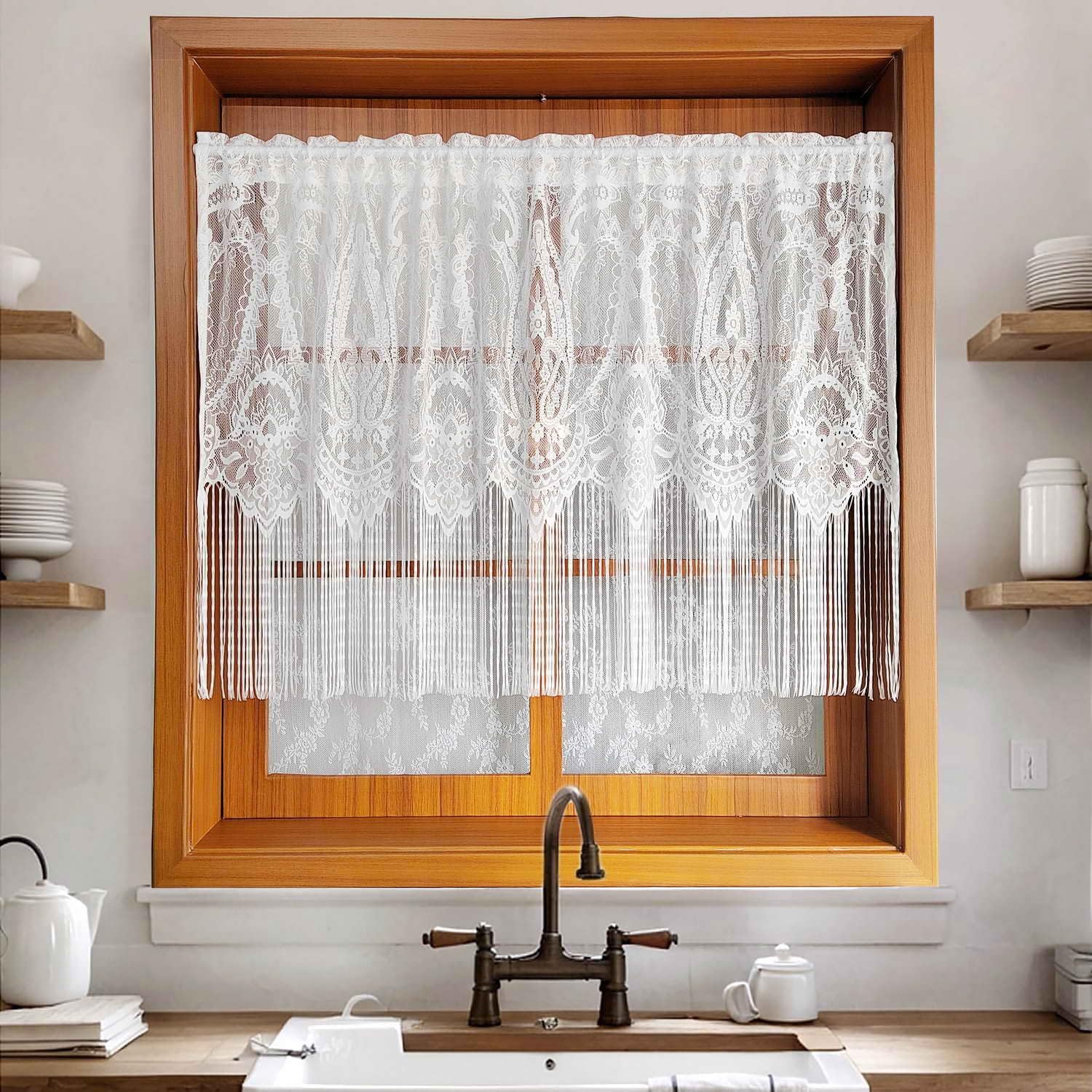 1 Panel French Floral Lace Sheer Curtains with Tassels