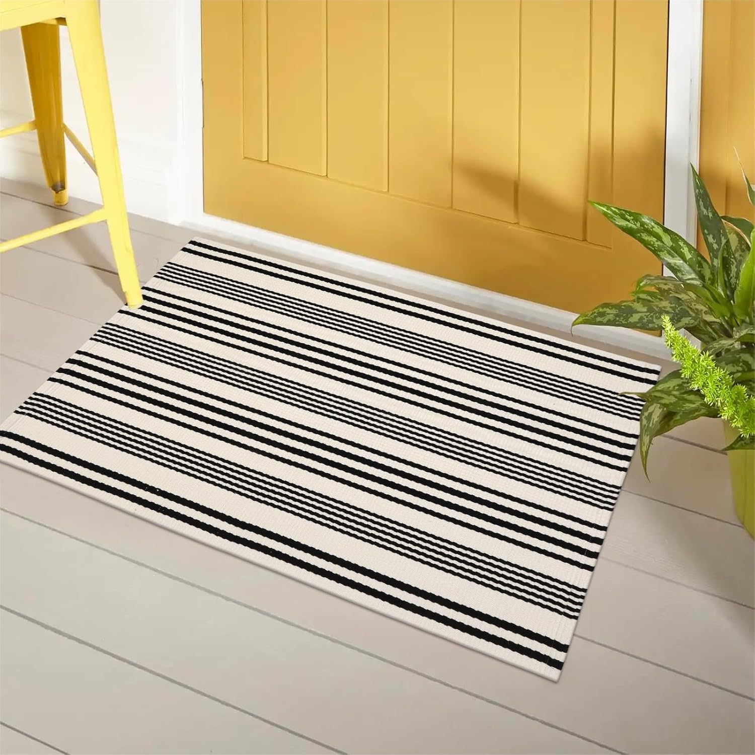 Black and White Striped Outdoor Rug 2x3 Cotton Reversible